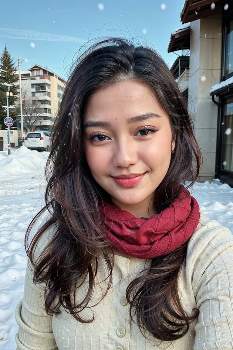 upper body,a young woman,cute,21 years old,staring into space,brown hair,brown eyes,red scarf,snowing,realistic,realistic skin texture, smile