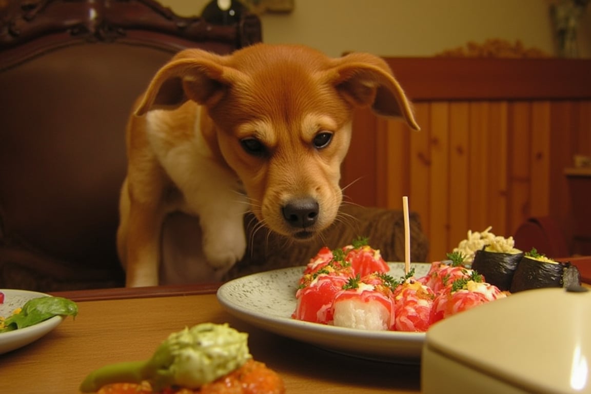 A dog eating sushi, oldCoolNiko