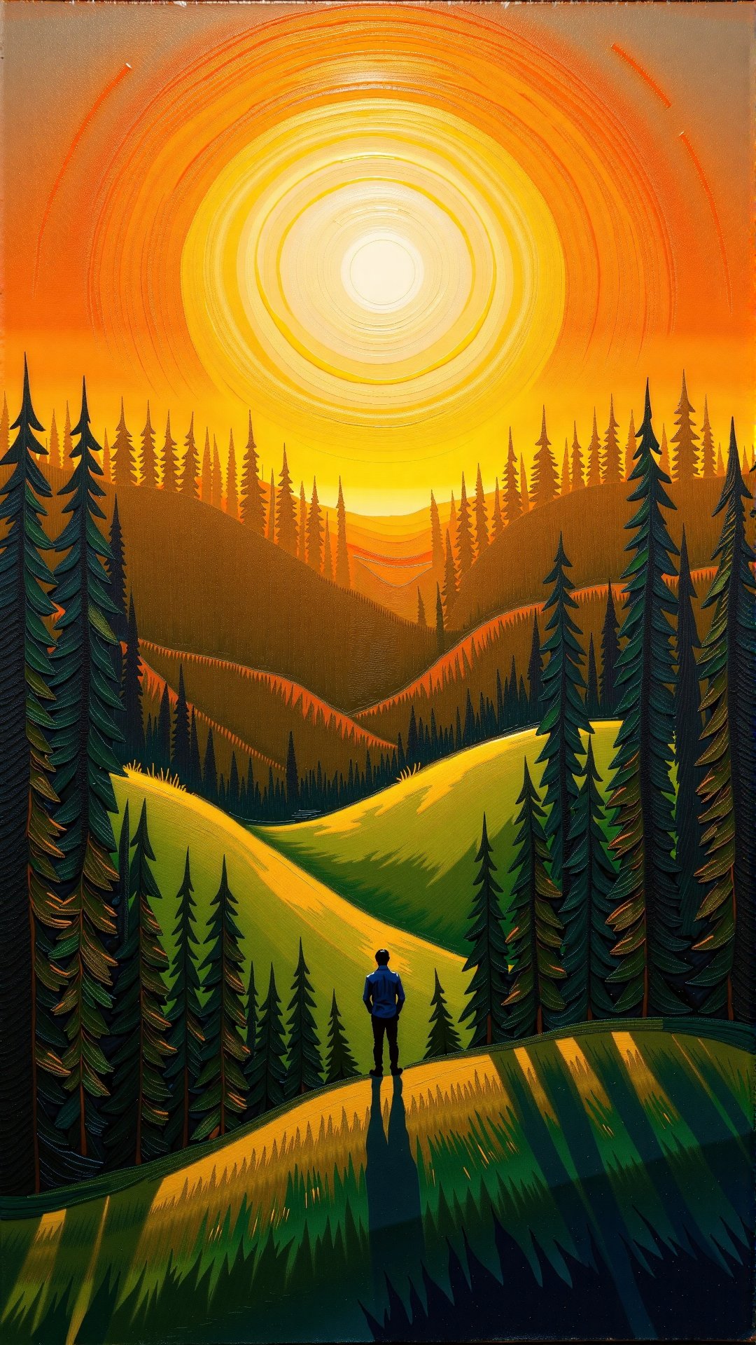 Golden Hour Serenity: A majestic abstract oil painting on canvas, bursting with vibrant colors. The serene landscape unfolds at dusk, as warm golden light bathes rolling hills, contrasted against the distant dense forest's treetops reaching for the sky like a natural cathedral. A solitary figure stands atop a knoll, backlit by the setting sun, casting long shadows across lush greenery, while the perfect composition and harmony of brightness evoke a sense of peaceful tranquility.