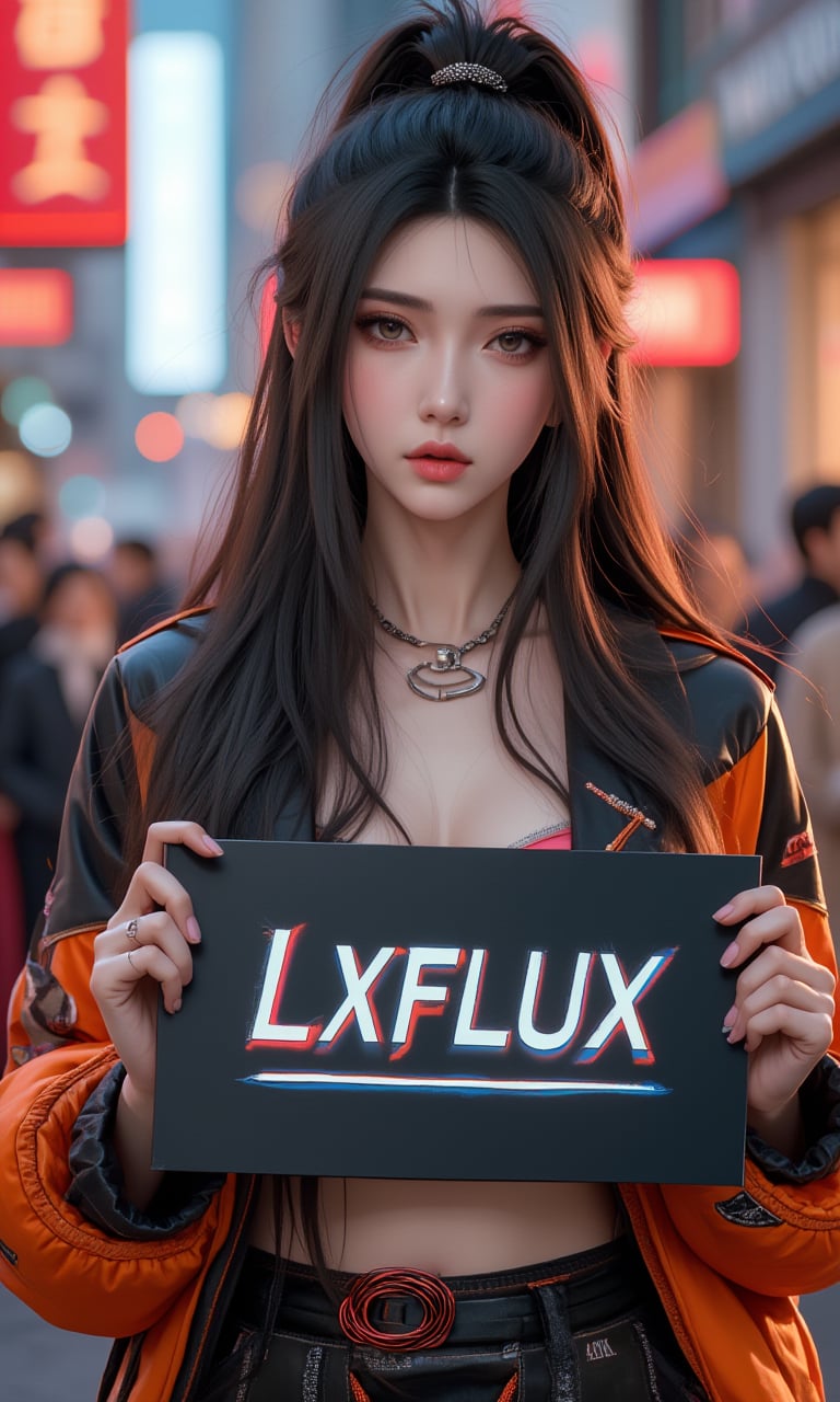 A stunning solo shot of a young woman with striking long hair, dressed in the latest street wear fashion,holding up a sign with the word "LXFLUX",LXflux