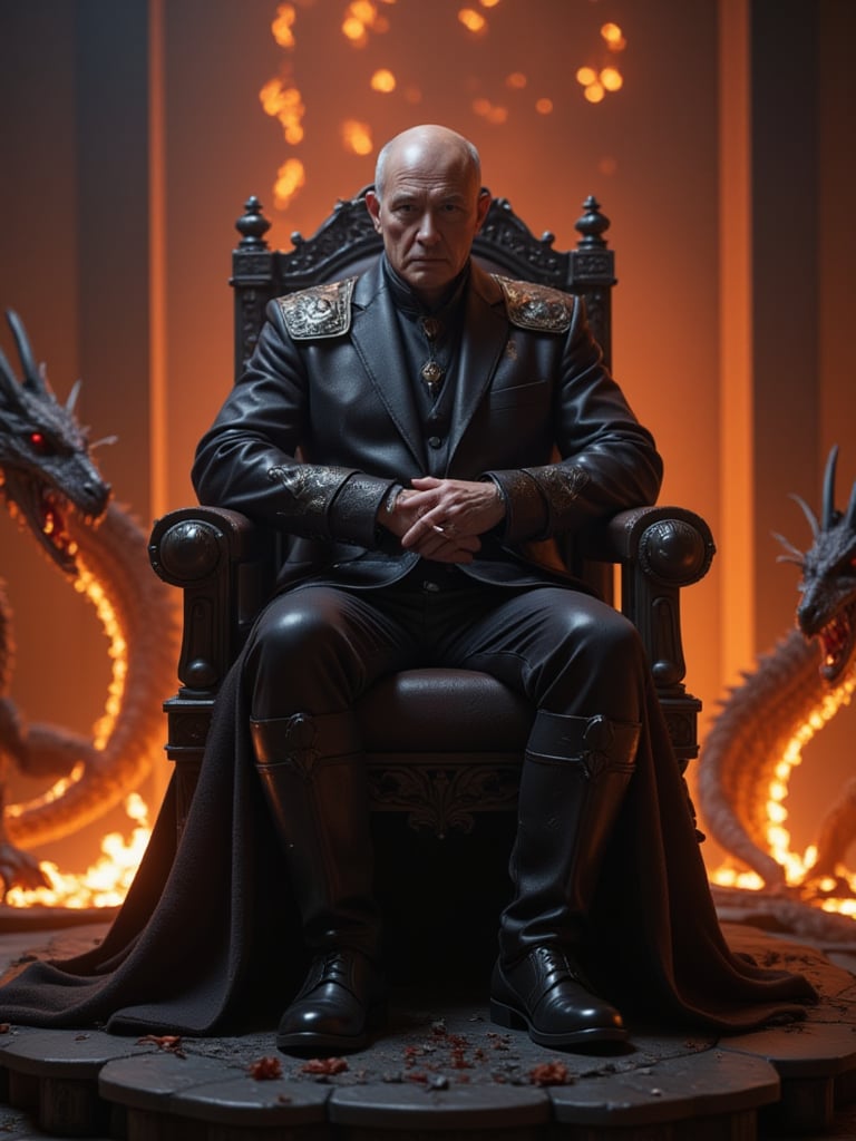 A malevolent monarch sits upon his throne, Russian heritage evident in the battle-worn visage, a devilish disguise adorning his aged face. Fierce intent burns within his red-glowing orbs as he surveys the 3D environment of fiery destruction. Lava flows and volcanic ash swirl around him, while dragons writhe in agony. His crossed legs and arms form a defiant posture, hands clasped between his shoulders like a shield against the infernal backdrop.