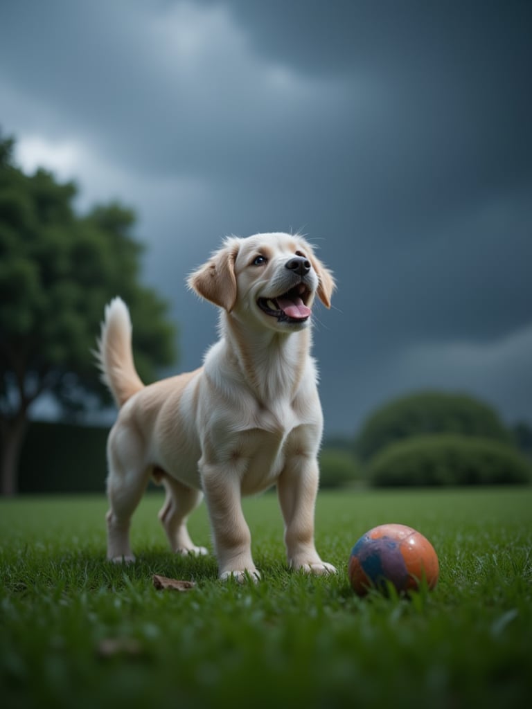 Snapshots of Joy: A playful pup stands tall on a lush green patch, ears perked up and tail wagging wildly as it senses the impending rain. The ball nearby seems almost irrelevant as its focus is solely on the darkening sky. Storm clouds gather, threatening to unleash a torrential downpour. The first raindrops begin to fall, creating a mesmerizing rhythm of drops hitting the grassy ground. Trees sway in the wind, releasing their scent of damp earth and ozone into the air. The puppy's excited expression, a blend of anticipation and joy, is contagious, drawing the viewer in with an infectious sense of energy and playfulness.