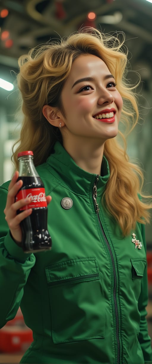 masterpiece, Movie Still, Film Still, Cinematic, Cinematic Shot, (RAW photo, 8k uhd, Analog style, Masterpiece, Best Quality, Highres:1.4), (dramatic, cinematic:1.2), BREAK, movie shot of (brutal:1.1)  woman with blond curly hair, sporting a green spacesuit, warmly smiles as she holds a bottle of Coca-Cola in her hand. She is depicted against the backdrop of a spaceship interior, enhancing the overall sci-fi feel of the illustration. , ,,ct-virtual,ct-virtual_v2,ct-visual, ct-visual_v4