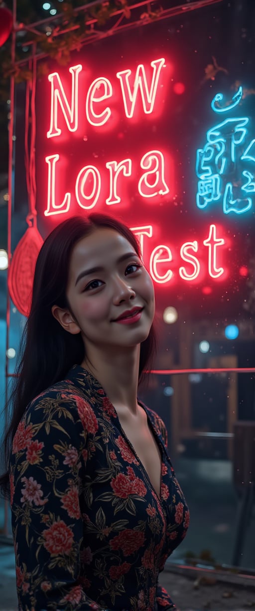 A very beautiful woman is pointing at the viewer and smiling, pointing at a large neon sign that says "New Lora Test". The background is dark gothic  with  dark tones in a Japanese style. Detailed texture, high quality, high resolution, high precision, realism, color correction, good lighting settings, harmonious composition, Behance work, watercolor, text, the text is "",ct-kjbp,ct-virtual_v2,ct-visual_v2, ct-visual_v4