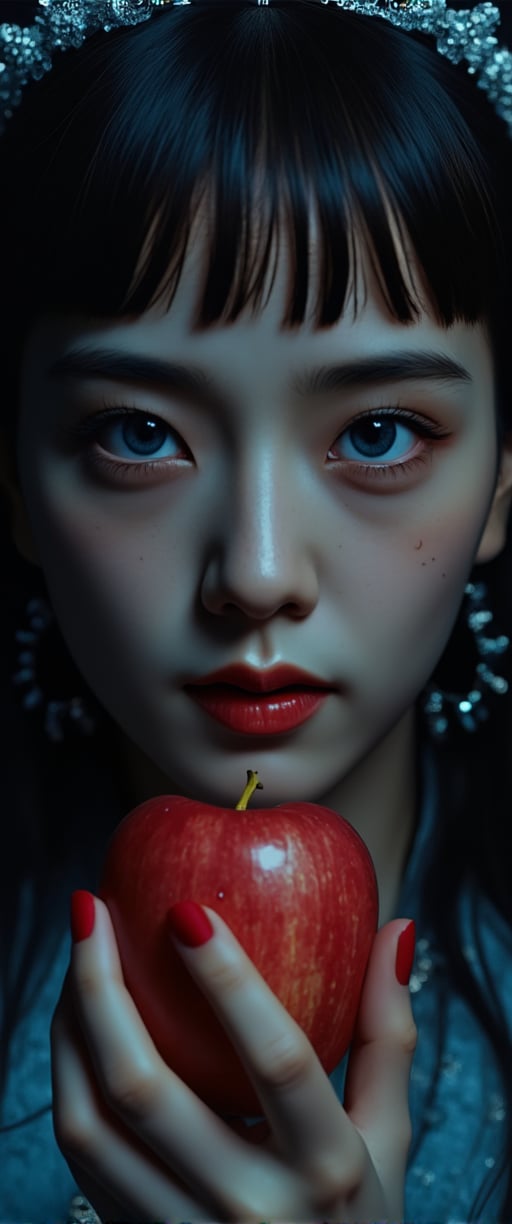 A cinematic close-up shot of a single girl with long, flowing hair and piercing blue eyes, gazing directly at the viewer. Dimly lit, the scene is bathed in misty, realistic lighting that accentuates her features. Her bangs frame her face as she holds a juicy red apple, its sparks catching the light. Chiaroscuro highlights the contours of her upper body, where she wears elegant earrings and a delicate crown. Freckles dance across her cheeks as her lips curve into a subtle smile. The blue background adds depth to the composition, with the dark tones creating a sense of mystery.,ct-virtual_v2,ct-visual,ct-sensual-v2,ct-kjbp,ct-visual_v2, ct-visual_v4,perfect hands, perfect fingers