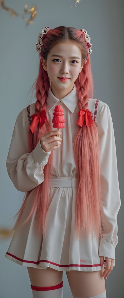 A cinematic reality film scene unfolds: a 18-year-old Korean beauty model, with oversized blue eyes and a gorgeous face, stands solo against a grey background. Her long, pink-haired braids are tied with hair bows, adorned with ahoges. She wears a white serafuku uniform with a pleated skirt, thigh-highs, and a red bow on her backpack. In one hand, she holds a popsicle, while in the other, a strawberry ice cream cone reflects off her thigh-high boots. Her detailed features, from blush to navel, are captured in stunning focus against a misty backdrop, as sparks of light dance across her face. The soft lighting and depth of field create a sense of intimacy, drawing the viewer's attention to her smiling, idolic beauty., ct-virtual_jisoo, ct-jissoo, ct-visual_v4