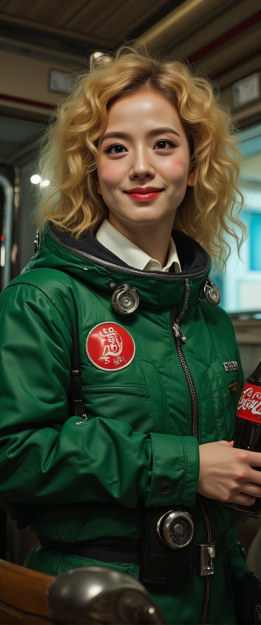 masterpiece, Movie Still, Film Still, Cinematic, Cinematic Shot, (RAW photo, 8k uhd, Analog style, Masterpiece, Best Quality, Highres:1.4), (dramatic, cinematic:1.2), BREAK, movie shot of (brutal:1.1)  woman with blond curly hair, sporting a green spacesuit, warmly smiles as she holds a bottle of Coca-Cola in her hand. She is depicted against the backdrop of a spaceship interior, enhancing the overall sci-fi feel of the illustration. , ,,ct-virtual,ct-virtual_v2,ct-visual, ct-visual_v4