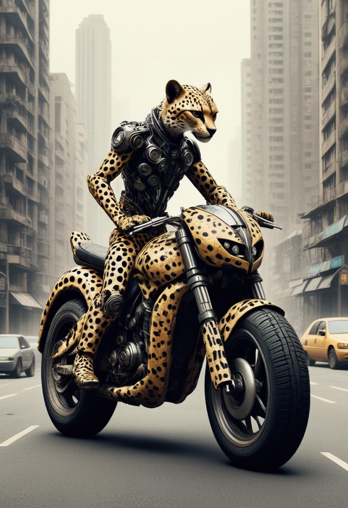 [cheetah in the shape of a motorbike | motorbike stylized as a cheetah, in the style of  Dan Hillier], dystopian city<lora:TransformersStyleXL-000009:0.8> TransformersStyle 