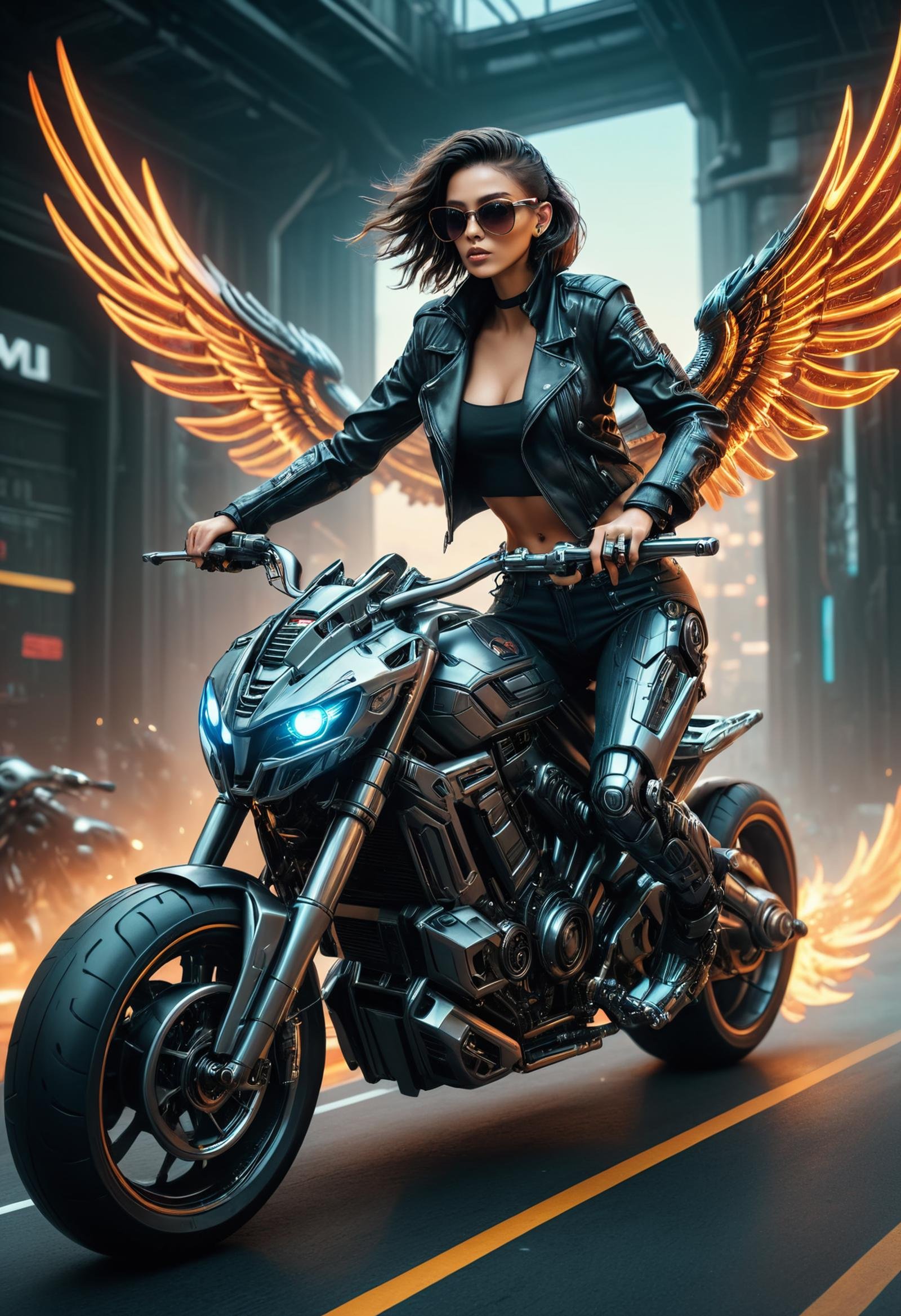 <lora:XL_TransformersStyle:0.8> TransformersStyle, cyberpunk woman with leather jacket and shades riding a big futuristic motorcycle, bird-eye view , (flames:0.5), virtual showroom, stage presentation, insane intricate detail