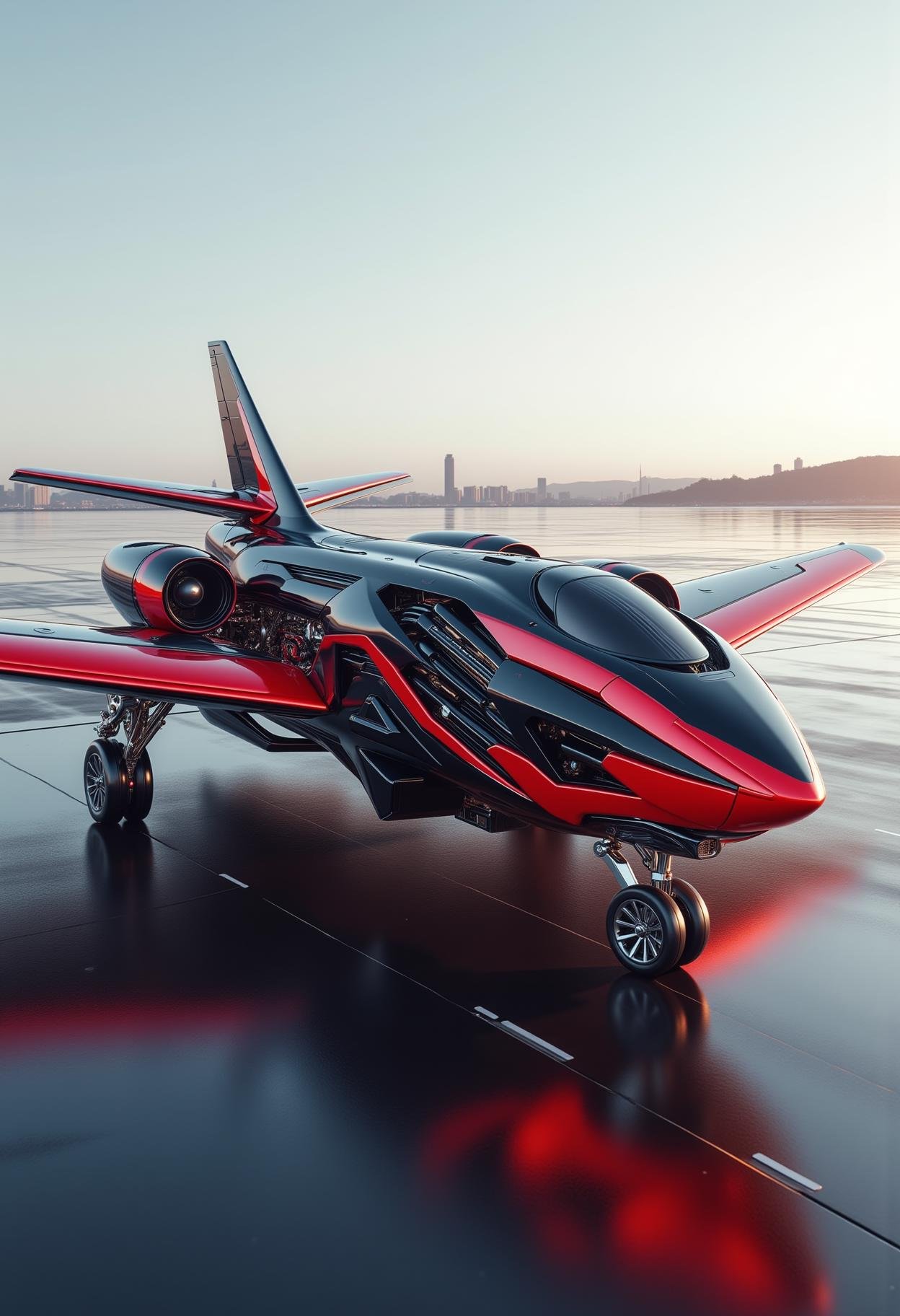 A photorealistic photo of a black and red airplane, metallic-looking sharp design, shiny two toned, dual colors scheme, high-class luxury item, on an airport runway<lora:dvr-transformers-flux:1>