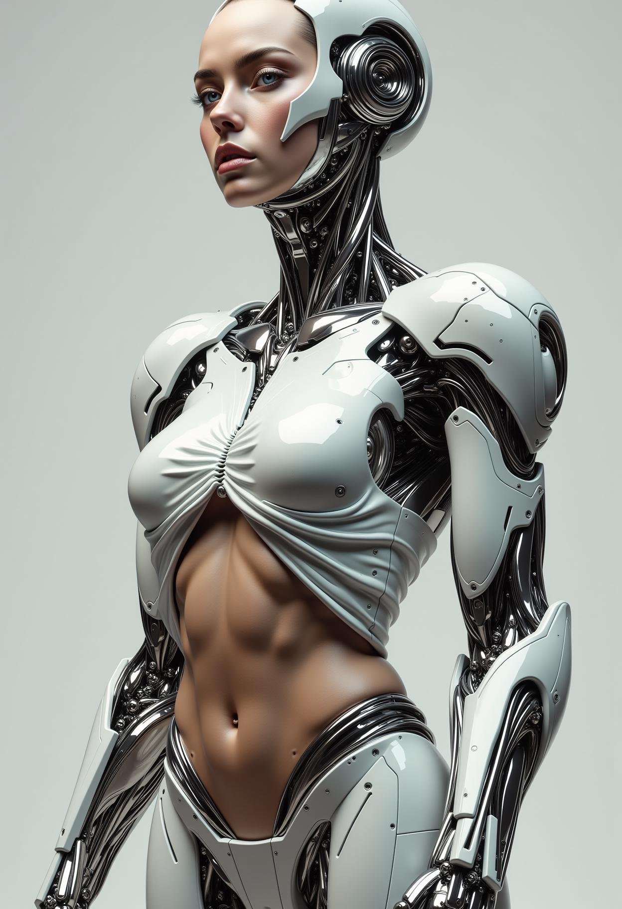 a woman lifting off her skin like a t-shirt to reveal a cyborg body<lora:dvr-transformers-flux:1>