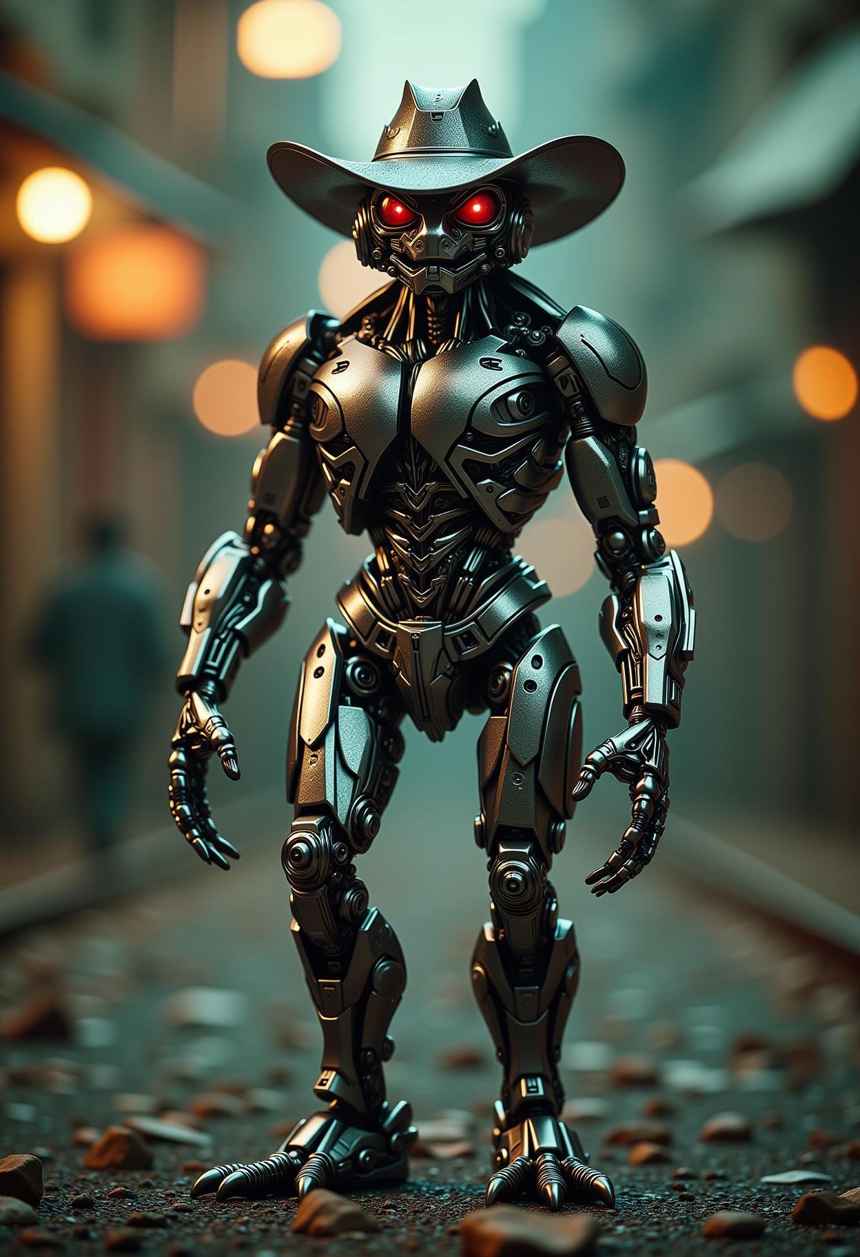 cinematic film still, full body view of a mechanical infamous meme frog man, cowboy hat, gleaming, reflective, shallow depth of field, vignette, highly detailed, high budget, bokeh, cinemascope, moody, epic, gorgeous, film grain, grainy<lora:dvr-transformers-flux:0.8>