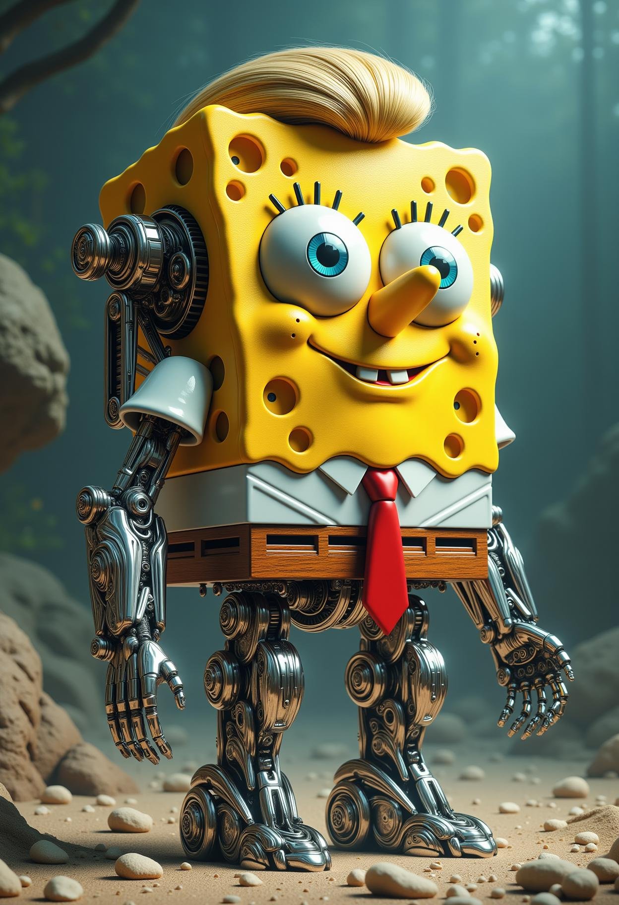 sponge bob and biomechanical donald trump <lora:dvr-transformers-flux:1>