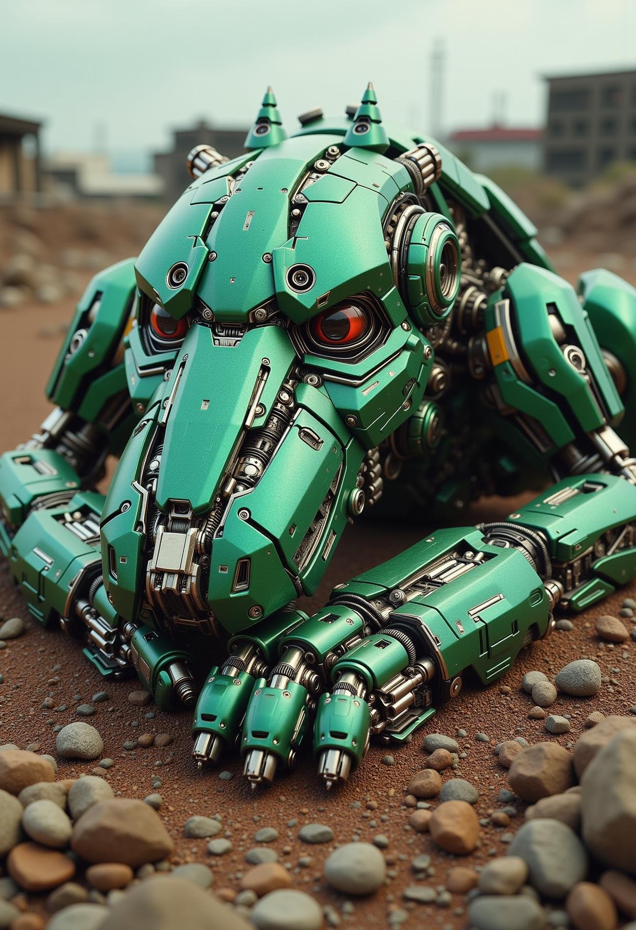 emerald rusty big robot dog, sleeping in a scrap yard<lora:dvr-transformers-flux:1>