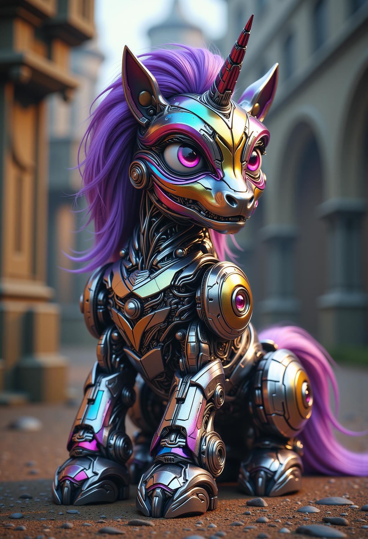 cybernetic rainbow pony sitting on its butt with a weird expression on its face and purple mane, medieval atmosphere<lora:dvr-transformers-flux:0.8>