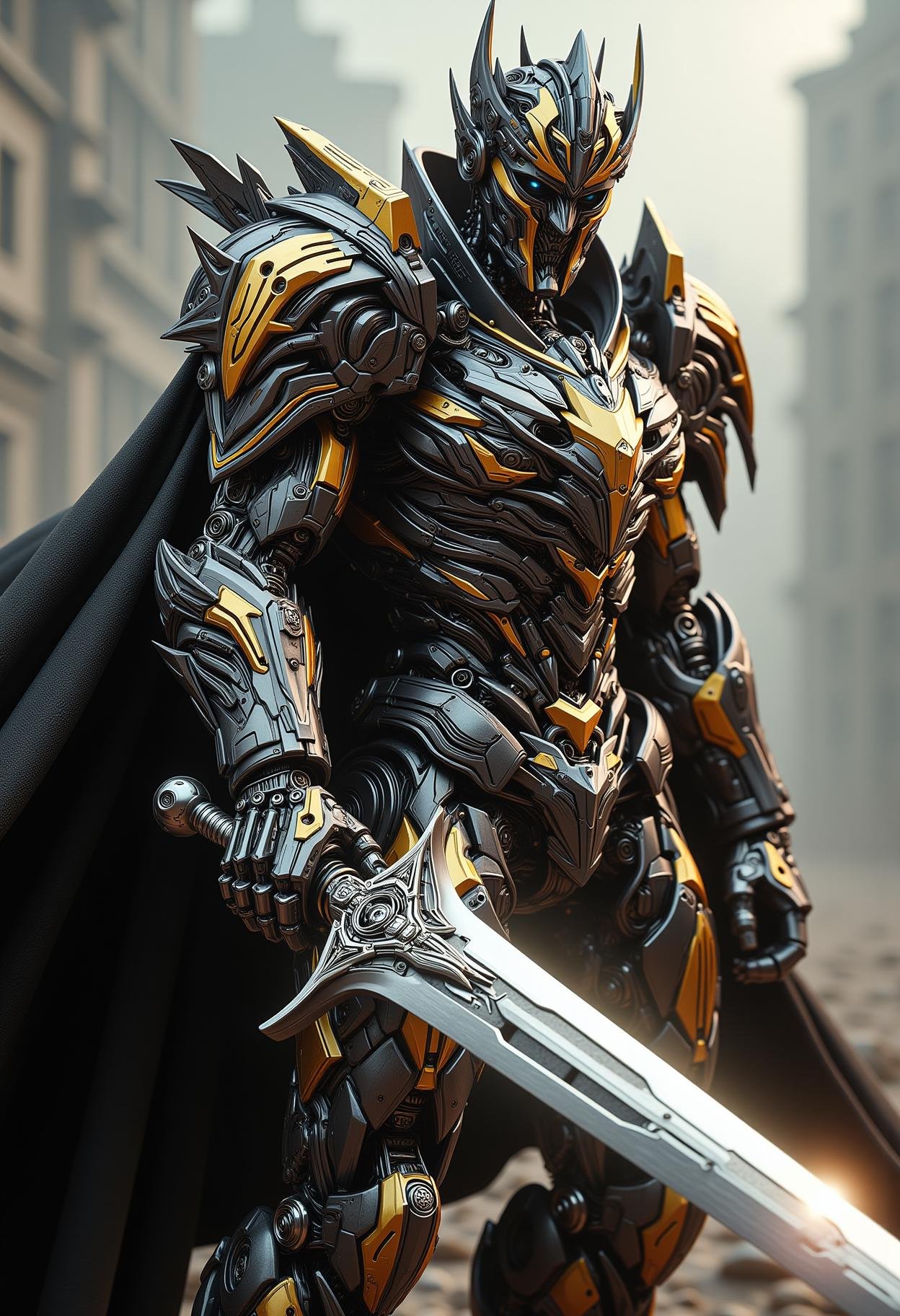 dynamic angle, impressive, visually stunning, mech, sword, paladin, templar, holy knight, dynamic pose, action shot, crown, righteous, ornate patterns, regal, black and gold, cloak, aegis, menacing, justicar, soft depth of field, armored, cyberpunk, intricate details, highly detailed, photorealistic, realistic, depth of field, cinematic, perfect lighting <lora:dvr-transformers-flux:1>