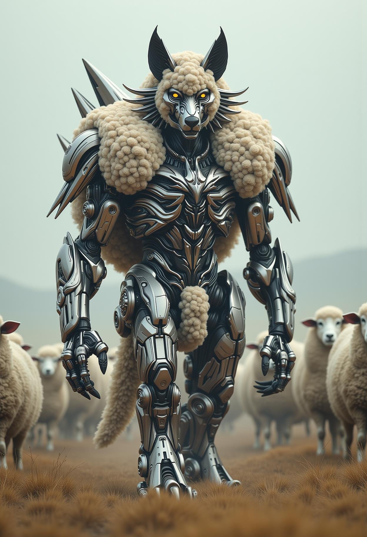 Biomechanical wolf wearing sheep costume, many sheep in the background<lora:dvr-transformers-flux:0.8>