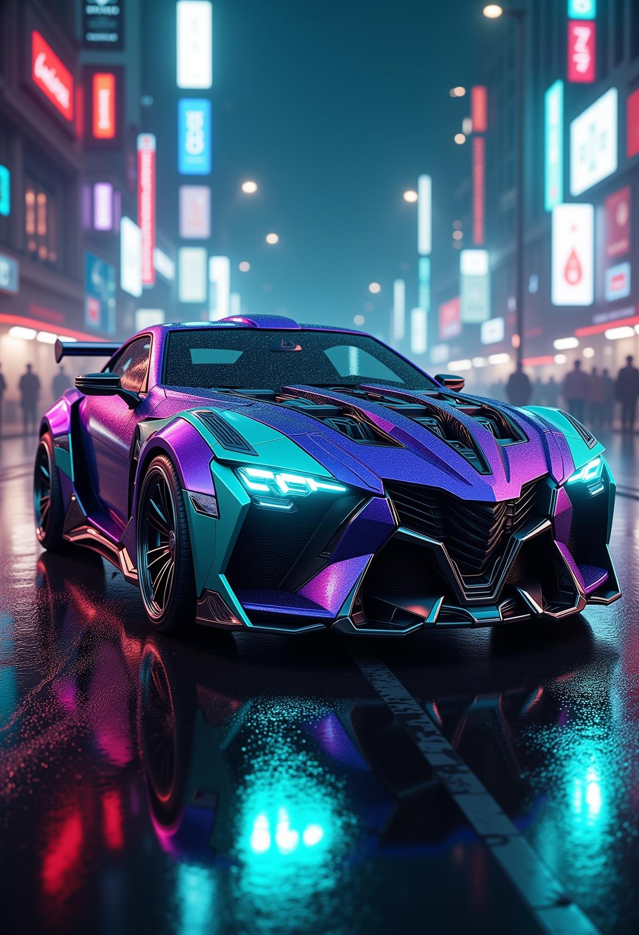 cyberpunk purple and teal futuristic car, sharp edges, high tech, glowing headlights, dystopian night city background, neon lights, wet streets<lora:dvr-transformers-flux:0.8>