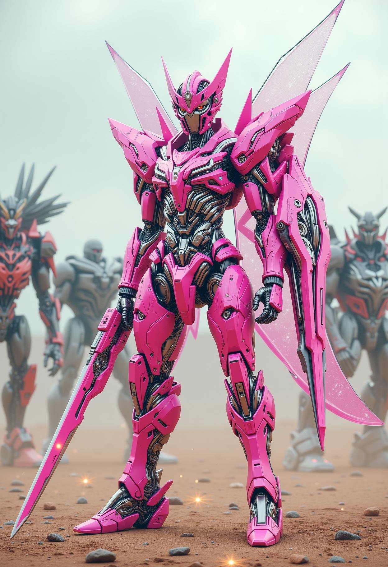 A battle-hardened, cybernetic warrior in sleek, high-tech pink armor, glass samurai sword and transparent shield, glass wings, standing on a desolate battlefield with robotic enemies in the background, sparks flying from damaged machines<lora:dvr-transformers-flux:1>