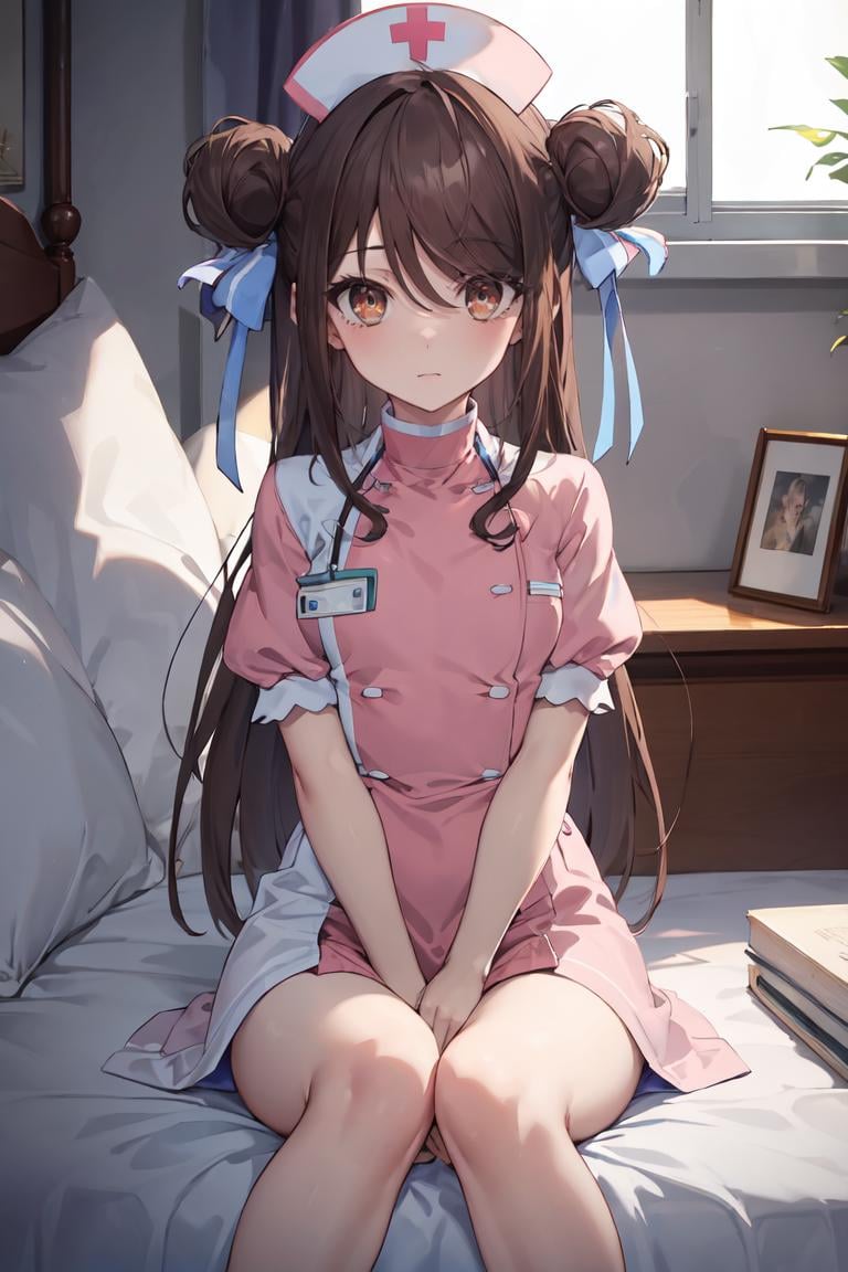 masterpiece, best quality, ultra-detailed, glistening shiny, glowing light, ray tracing, HDR, deph of field, (perfect face, detailed face),  <lora:FalanyaElkArbalest:1>, falanya, long hair, double bun, flat chest, blue hair ribbon, nurse, pink uniform, bare legs