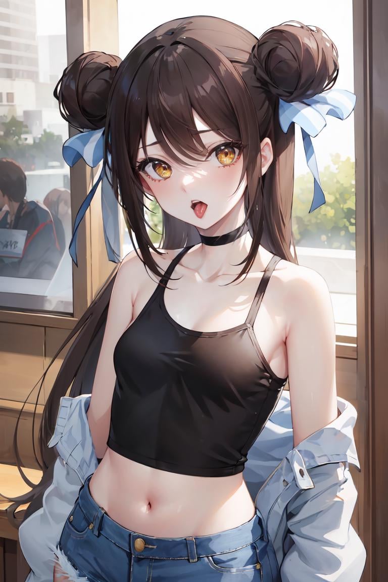 masterpiece, best quality, ultra-detailed, glistening shiny, glowing light, ray tracing, HDR, deph of field, (perfect face, detailed face), <lora:FalanyaElkArbalest:1>, falanya, long hair, double bun, open mouth, tongue out, hair ribbon, flat chest, tank top, sideboob, crop top, denim shorts, standing