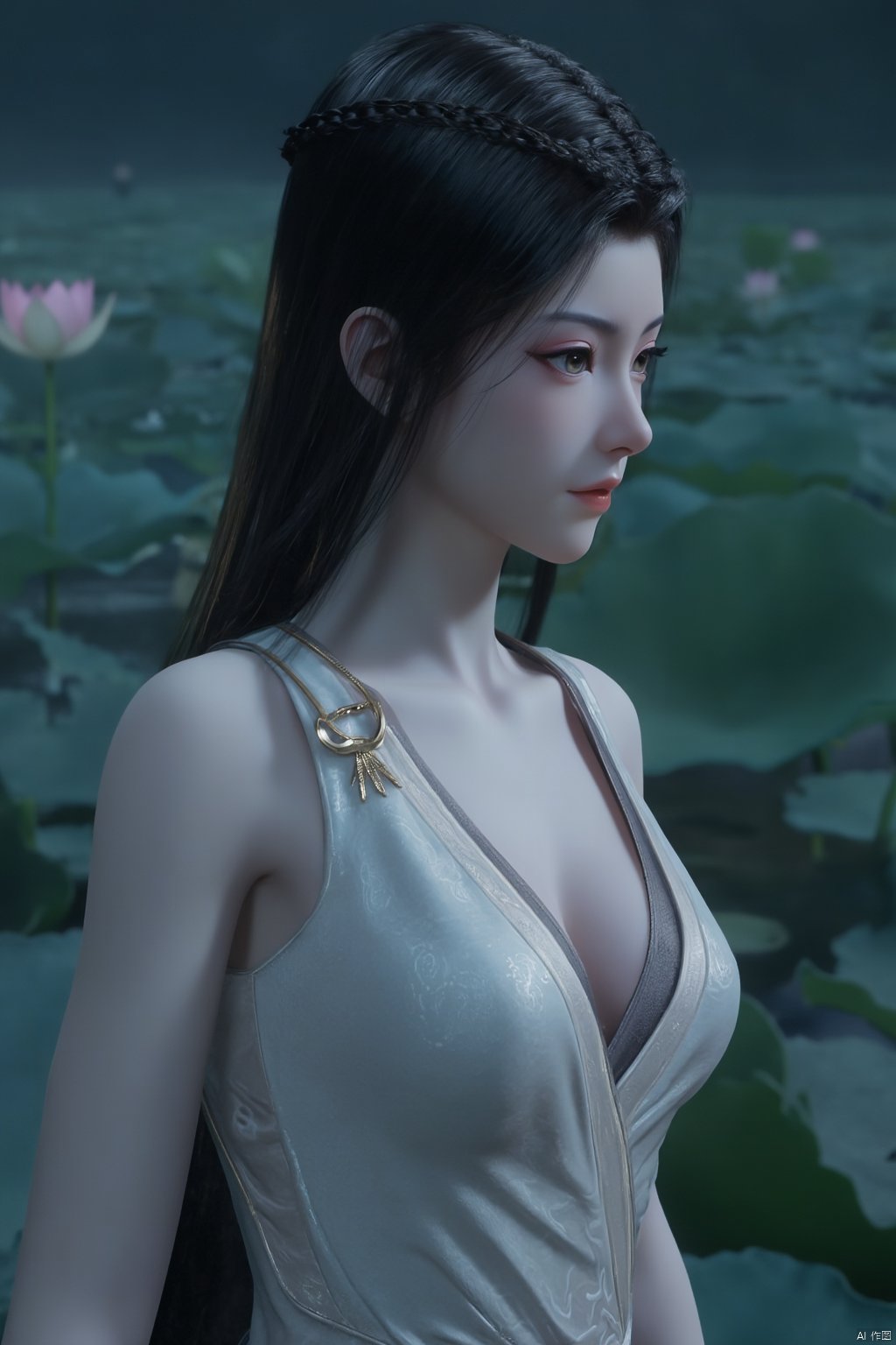 Best quality, Realistic, photorealistic, masterpiece,1girl,Xyuanyao,(big breasts:1.89),(Lotus, lotus pond:1.3),Xyuanyao