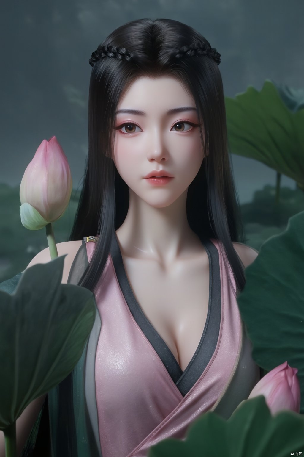 Best quality, Realistic, photorealistic, masterpiece,1girl,Xyuanyao,(big breasts:1.89),(Lotus, lotus pond:1.3),Xyuanyao