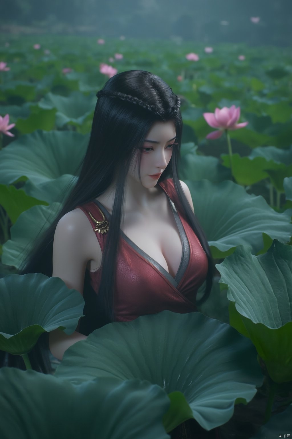 Best quality, Realistic, photorealistic, masterpiece,1girl,Xyuanyao,(big breasts:1.89),(Lotus, lotus pond:1.3),Xyuanyao