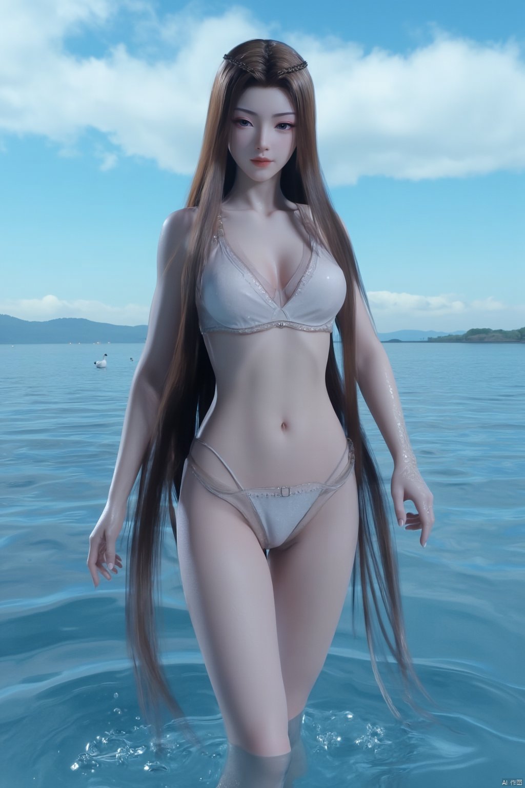 1girl, babydoll, breasts, brown hair, cleavage, collarbone, cowboy shot, earrings, hair ornament, jewelry, lingerie, lips, long hair, looking at viewer, makeup, navel, navel piercing, necklace, panties, parted lips, ribbon, see-through, solo, standing, underwear, very long hair,beach, blue sky, boat, caustics, cloud, cloudy sky, pool, poolside, river, sand, scenery, seagull, shore, sky, soaking feet, standing on liquid, wading, walking on liquid, water, watercraft, waves,(Pure blue sea:1.6),Xyuanyao