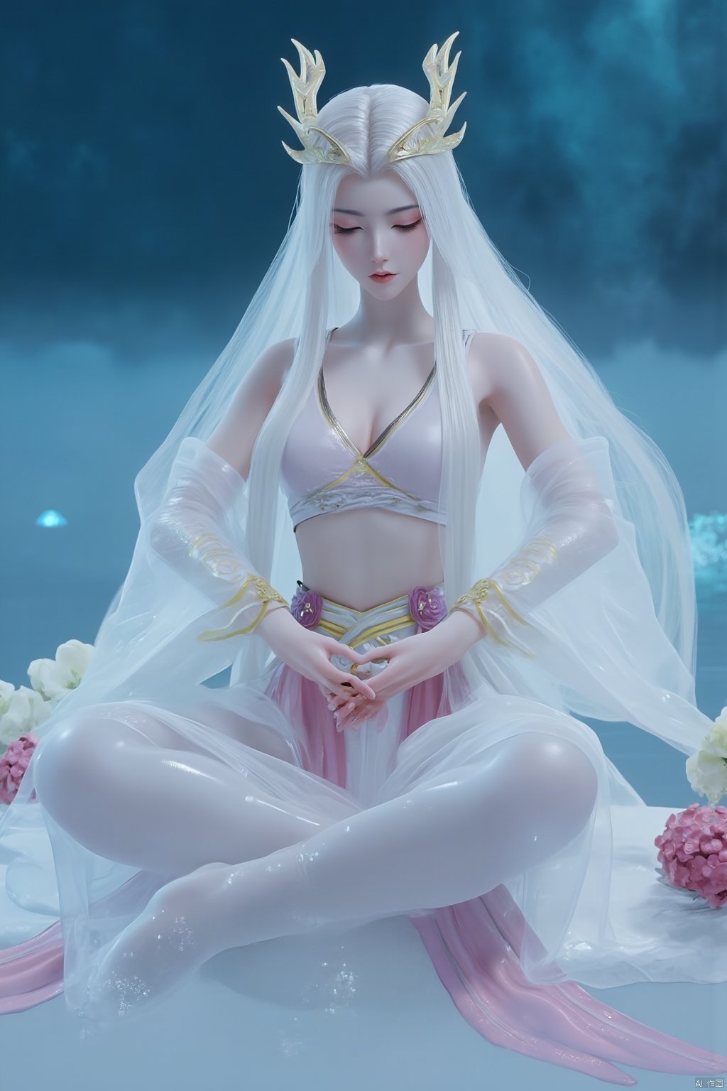 Chinese mature woman, sitting cross-legged on a white lotus throne, wearing a golden hat on her head, anime style appearance, white neon bra, white Hanfu, golden crown, eyes closed, girl, jewelry, long hair, white hair, cute, Hanfu, Dunhuang, hold out the hydrangeas with both hands, hold them tightly, look at the hug, look at the body, the cute little princess, Mrs. Dragon, wearing a pair of dragon horns on her head ((Masterpiece, best quality)),(( Well structured, well composed, luminous), translucent woman), tiny gold accents, beautiful and intricate details, ethereal light, whimsical imagining, art by Michif blue theme, off original, view ( beautiful),transparent,shiny_clothes,pink chest pleated skirt,white with yellow pimples,pink pimples,((water drops)),wet clothes,((beautiful details water)),(( Floating)), dynamic angle, ((beautiful details of the butterfly)), ((beautiful details of the stars)), ((slip dress)), particles, (beautiful details of the starry sky), (hazy fog), (beautiful Fragments) details), (((standing on the sea))), yellow belt, purple belt with white belt, light green belt,(big breasts:1.89),,(Pure blue sea:1.6),Xyuanyao