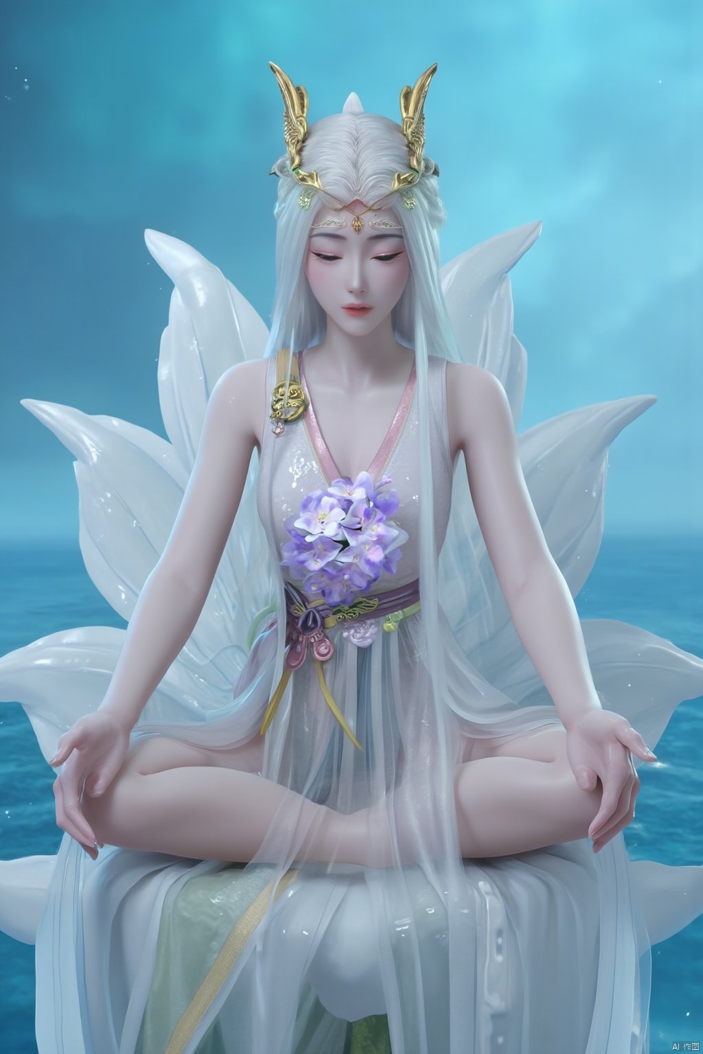 Chinese mature woman, sitting cross-legged on a white lotus throne, wearing a golden hat on her head, anime style appearance, white neon bra, white Hanfu, golden crown, eyes closed, girl, jewelry, long hair, white hair, cute, Hanfu, Dunhuang, hold out the hydrangeas with both hands, hold them tightly, look at the hug, look at the body, the cute little princess, Mrs. Dragon, wearing a pair of dragon horns on her head ((Masterpiece, best quality)),(( Well structured, well composed, luminous), translucent woman), tiny gold accents, beautiful and intricate details, ethereal light, whimsical imagining, art by Michif blue theme, off original, view ( beautiful),transparent,shiny_clothes,pink chest pleated skirt,white with yellow pimples,pink pimples,((water drops)),wet clothes,((beautiful details water)),(( Floating)), dynamic angle, ((beautiful details of the butterfly)), ((beautiful details of the stars)), ((slip dress)), particles, (beautiful details of the starry sky), (hazy fog), (beautiful Fragments) details), (((standing on the sea))), yellow belt, purple belt with white belt, light green belt,(big breasts:1.89),,(Pure blue sea:1.6),Xyuanyao