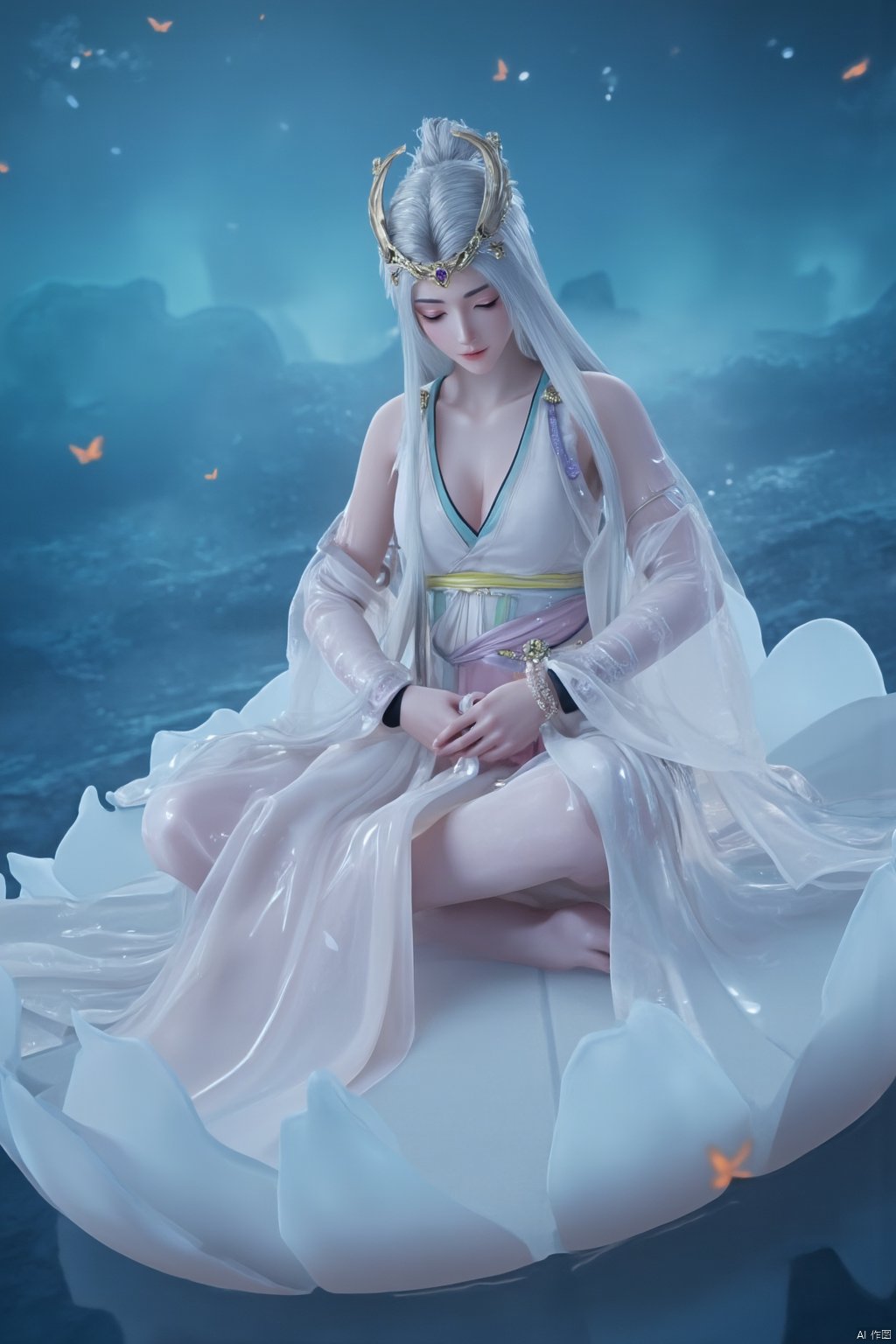 Chinese mature woman, sitting cross-legged on a white lotus throne, wearing a golden hat on her head, anime style appearance, white neon bra, white Hanfu, golden crown, eyes closed, girl, jewelry, long hair, white hair, cute, Hanfu, Dunhuang, hold out the hydrangeas with both hands, hold them tightly, look at the hug, look at the body, the cute little princess, Mrs. Dragon, wearing a pair of dragon horns on her head ((Masterpiece, best quality)),(( Well structured, well composed, luminous), translucent woman), tiny gold accents, beautiful and intricate details, ethereal light, whimsical imagining, art by Michif blue theme, off original, view ( beautiful),transparent,shiny_clothes,pink chest pleated skirt,white with yellow pimples,pink pimples,((water drops)),wet clothes,((beautiful details water)),(( Floating)), dynamic angle, ((beautiful details of the butterfly)), ((beautiful details of the stars)), ((slip dress)), particles, (beautiful details of the starry sky), (hazy fog), (beautiful Fragments) details), (((standing on the sea))), yellow belt, purple belt with white belt, light green belt,(big breasts:1.89),,(Pure blue sea:1.6),Xyuanyao