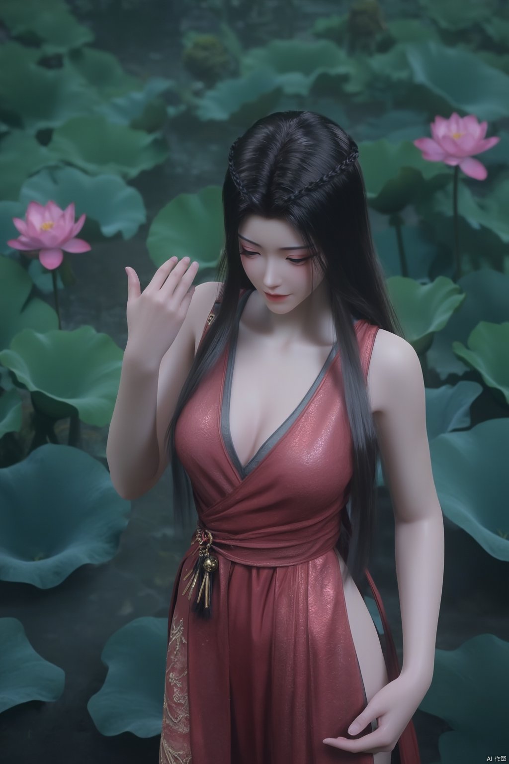 Best quality, Realistic, photorealistic, masterpiece,1girl,Xyuanyao,(big breasts:1.89),(Lotus, lotus pond:1.3),Xyuanyao