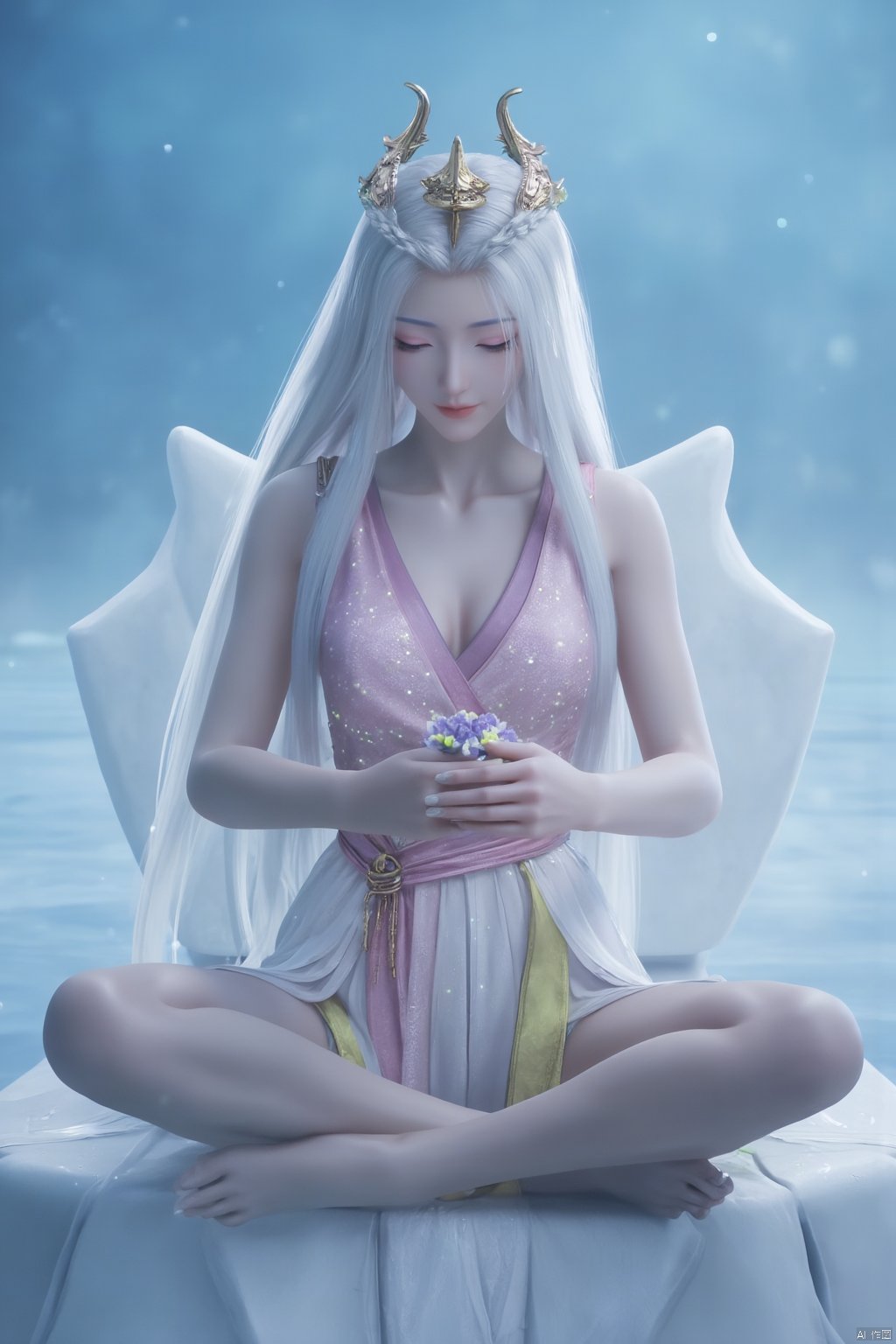 Chinese mature woman, sitting cross-legged on a white lotus throne, wearing a golden hat on her head, anime style appearance, white neon bra, white Hanfu, golden crown, eyes closed, girl, jewelry, long hair, white hair, cute, Hanfu, Dunhuang, hold out the hydrangeas with both hands, hold them tightly, look at the hug, look at the body, the cute little princess, Mrs. Dragon, wearing a pair of dragon horns on her head ((Masterpiece, best quality)),(( Well structured, well composed, luminous), translucent woman), tiny gold accents, beautiful and intricate details, ethereal light, whimsical imagining, art by Michif blue theme, off original, view ( beautiful),transparent,shiny_clothes,pink chest pleated skirt,white with yellow pimples,pink pimples,((water drops)),wet clothes,((beautiful details water)),(( Floating)), dynamic angle, ((beautiful details of the butterfly)), ((beautiful details of the stars)), ((slip dress)), particles, (beautiful details of the starry sky), (hazy fog), (beautiful Fragments) details), (((standing on the sea))), yellow belt, purple belt with white belt, light green belt,(big breasts:1.89),,(Pure blue sea:1.6),Xyuanyao