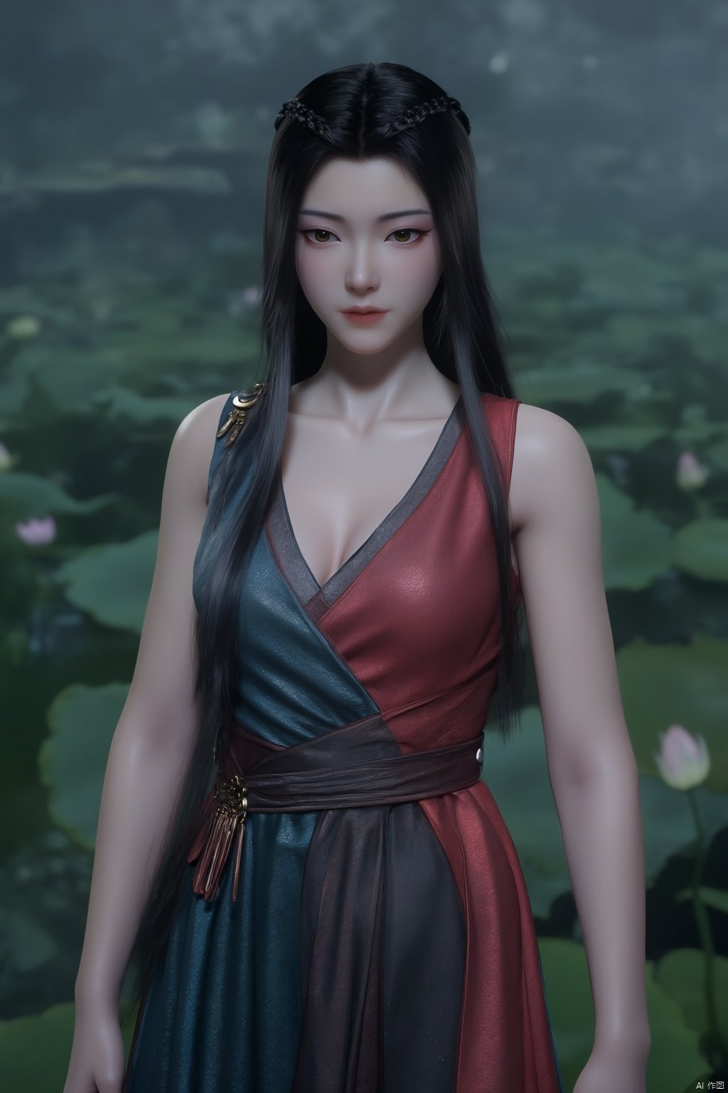 Best quality, Realistic, photorealistic, masterpiece,1girl,Xyuanyao,(big breasts:1.99),(Lotus, lotus pond:1.3),Xyuanyao