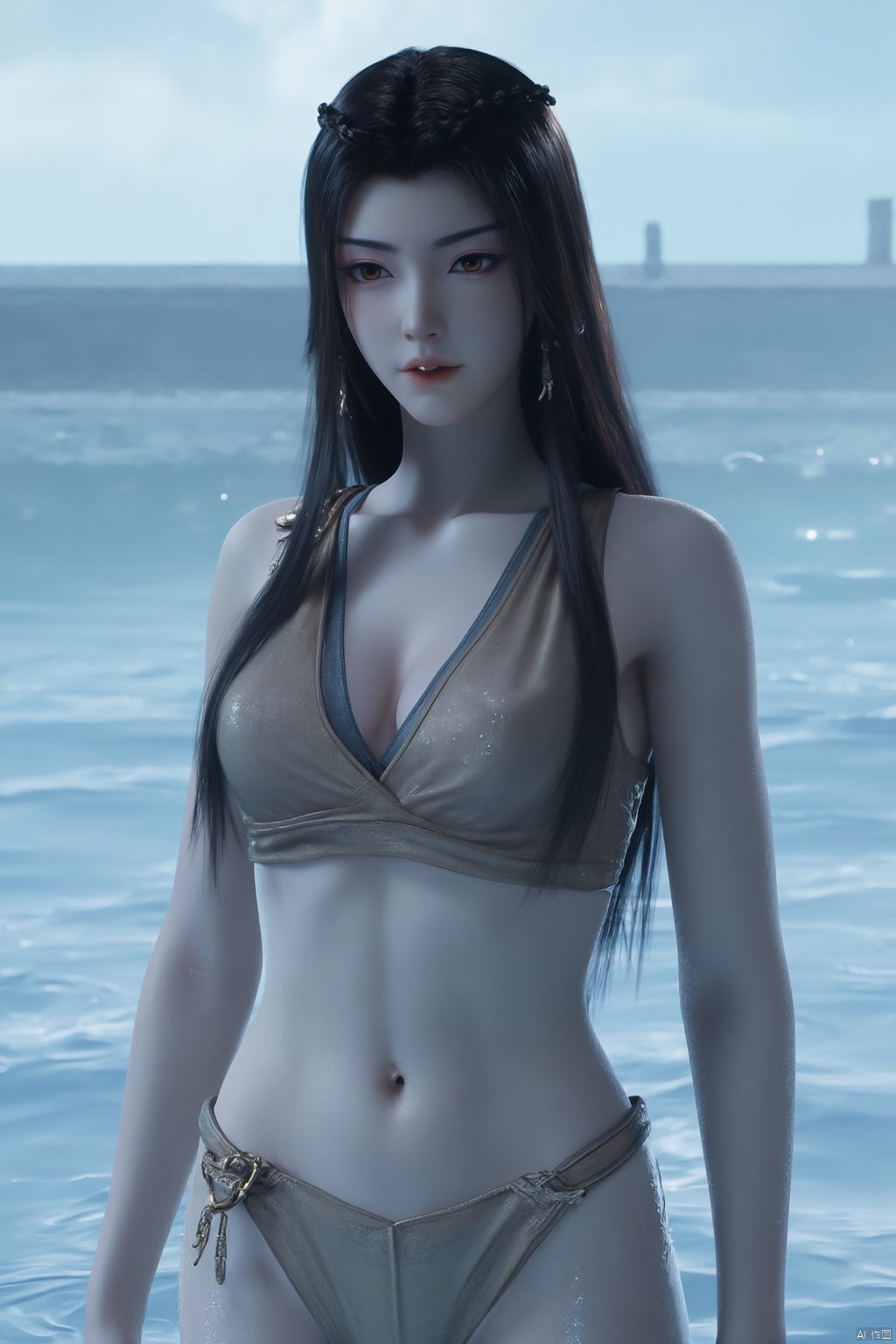 1girl, babydoll, breasts, brown hair, cleavage, collarbone, cowboy shot, earrings, hair ornament, jewelry, lingerie, lips, long hair, looking at viewer, makeup, navel, navel piercing, necklace, panties, parted lips, ribbon, see-through, solo, standing, underwear, very long hair,beach, blue sky, boat, caustics, cloud, cloudy sky, pool, poolside, river, sand, scenery, seagull, shore, sky, soaking feet, standing on liquid, wading, walking on liquid, water, watercraft, waves,(Pure blue sea:1.6),Xyuanyao