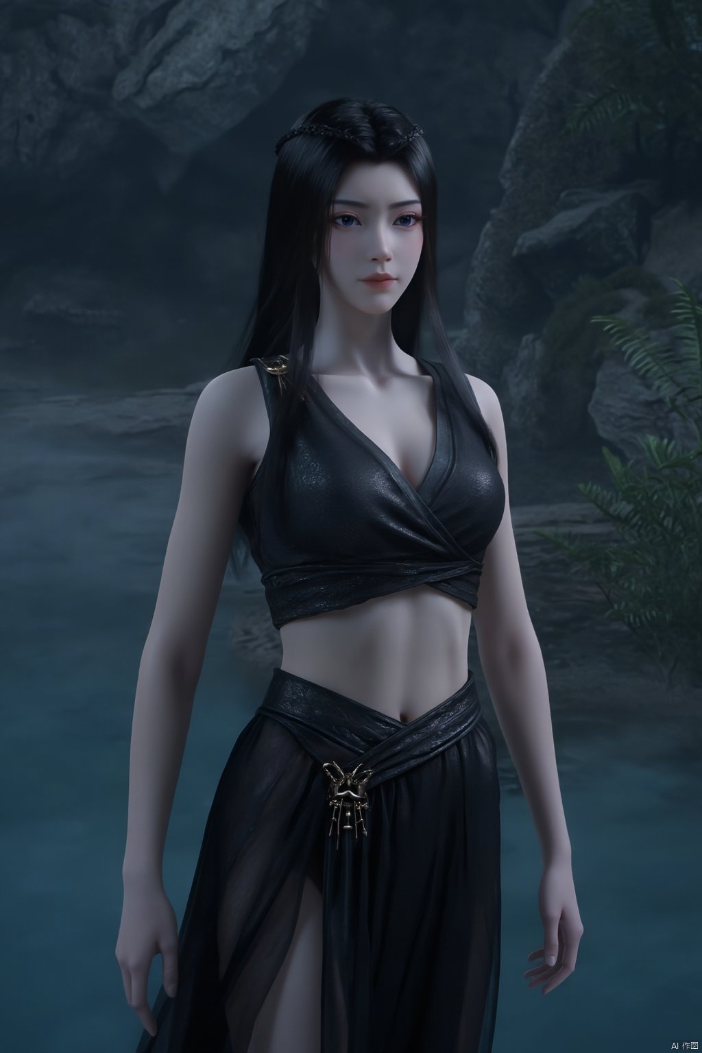 Best quality, Realistic, photorealistic, masterpiece,a girl wearing a black belly dance costume, with intricate details and a graceful pose.Her hair is pulled back in a bun and she has a serene expression on her face,standing in a serene natural setting.She is looking directly at the camera with a calm and composed expression.The cave's walls are rocky, (and there are plants and foliage surrounding the water:1.23),,(big breasts:1.89),,(Pure blue sea:1.6),Xyuanyao