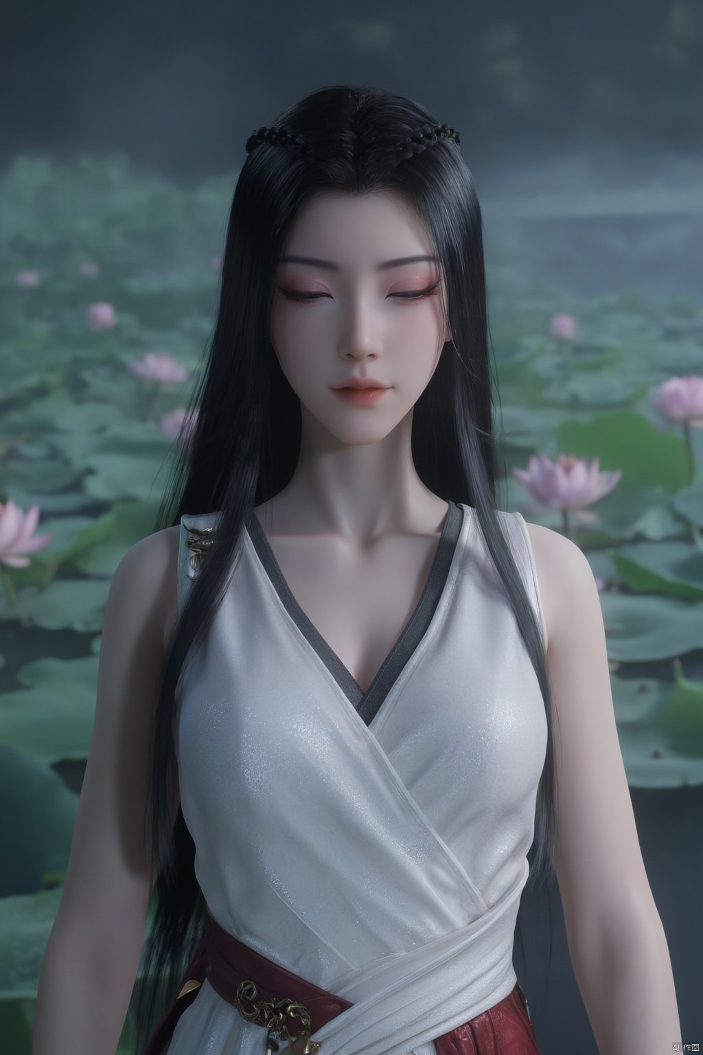 Best quality, Realistic, photorealistic, masterpiece,1girl,Xyuanyao,(big breasts:1.89),(Lotus, lotus pond:1.3),Xyuanyao