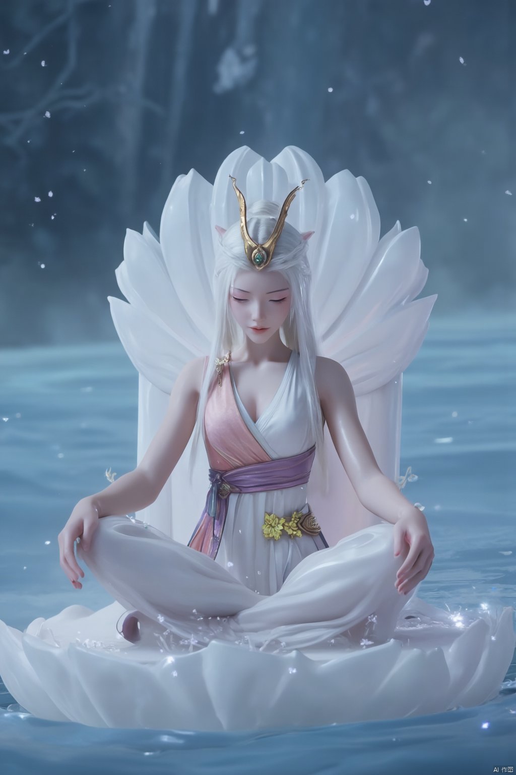 Chinese mature woman, sitting cross-legged on a white lotus throne, wearing a golden hat on her head, anime style appearance, white neon bra, white Hanfu, golden crown, eyes closed, girl, jewelry, long hair, white hair, cute, Hanfu, Dunhuang, hold out the hydrangeas with both hands, hold them tightly, look at the hug, look at the body, the cute little princess, Mrs. Dragon, wearing a pair of dragon horns on her head ((Masterpiece, best quality)),(( Well structured, well composed, luminous), translucent woman), tiny gold accents, beautiful and intricate details, ethereal light, whimsical imagining, art by Michif blue theme, off original, view ( beautiful),transparent,shiny_clothes,pink chest pleated skirt,white with yellow pimples,pink pimples,((water drops)),wet clothes,((beautiful details water)),(( Floating)), dynamic angle, ((beautiful details of the butterfly)), ((beautiful details of the stars)), ((slip dress)), particles, (beautiful details of the starry sky), (hazy fog), (beautiful Fragments) details), (((standing on the sea))), yellow belt, purple belt with white belt, light green belt,(big breasts:1.89),,(Pure blue sea:1.6),Xyuanyao