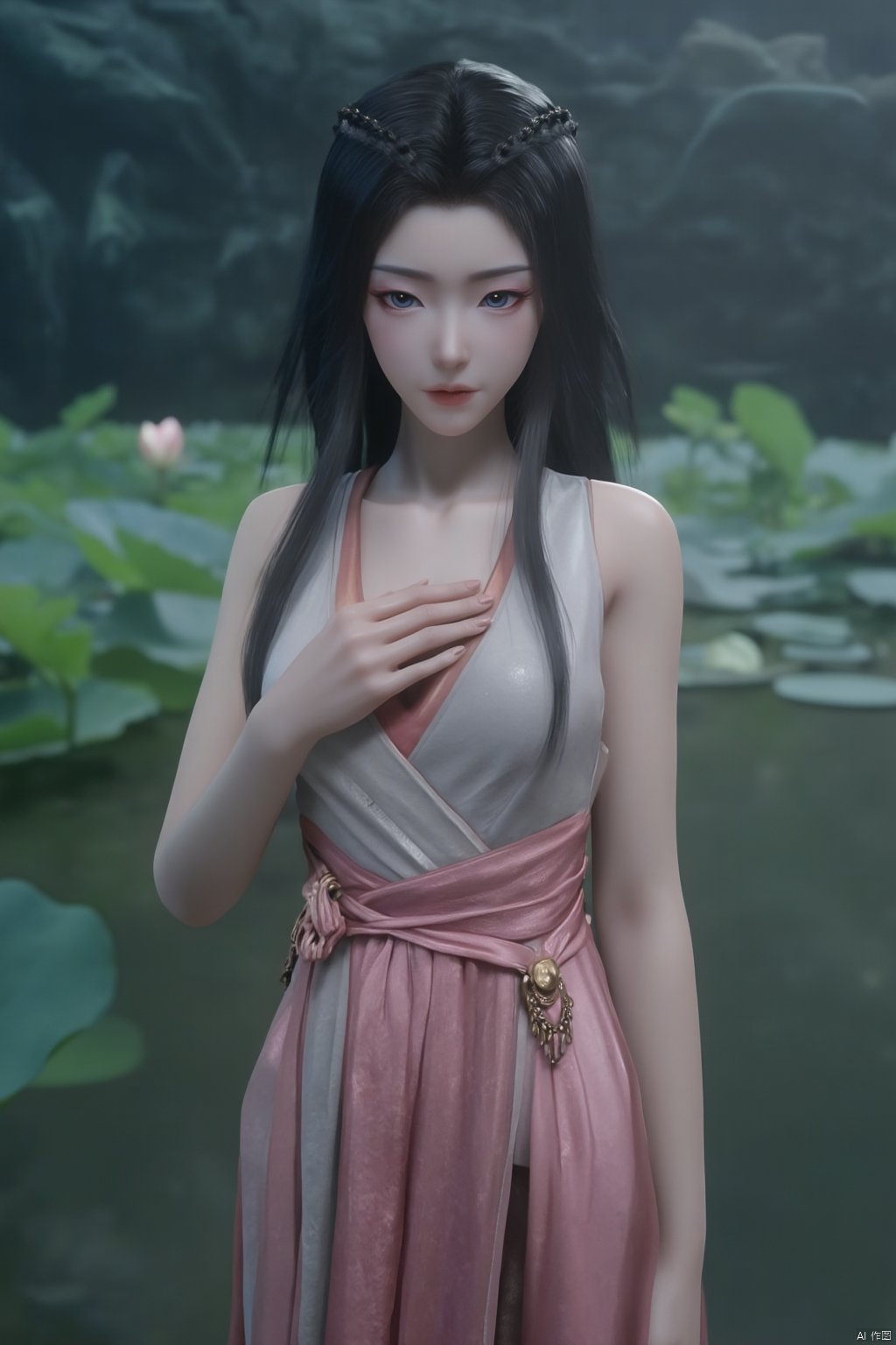 Best quality, Realistic, photorealistic, masterpiece,1girl,Xyuanyao,(big breasts:1.89),(Lotus, lotus pond:1.3),Xyuanyao