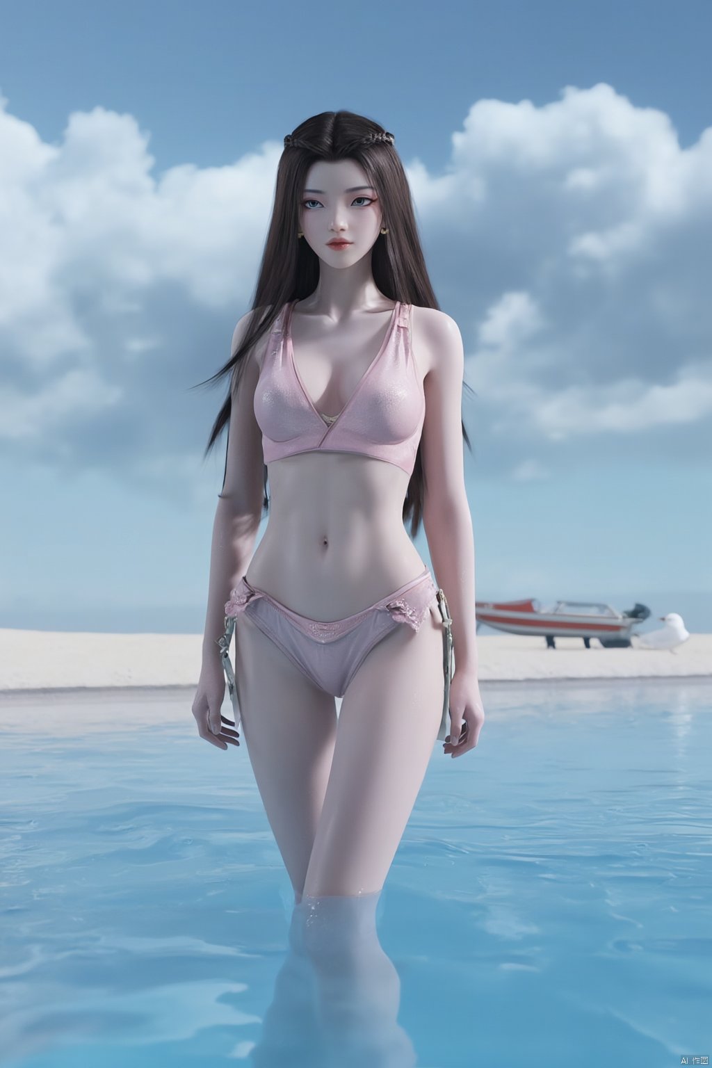 1girl, babydoll, breasts, brown hair, cleavage, collarbone, cowboy shot, earrings, hair ornament, jewelry, lingerie, lips, long hair, looking at viewer, makeup, navel, navel piercing, necklace, panties, parted lips, ribbon, see-through, solo, standing, underwear, very long hair,beach, blue sky, boat, caustics, cloud, cloudy sky, pool, poolside, river, sand, scenery, seagull, shore, sky, soaking feet, standing on liquid, wading, walking on liquid, water, watercraft, waves,(Pure blue sea:1.6),Xyuanyao