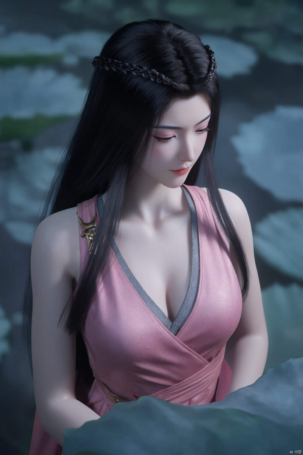 Best quality, Realistic, photorealistic, masterpiece,1girl,Xyuanyao,(big breasts:1.89),(Lotus, lotus pond:1.3),Xyuanyao