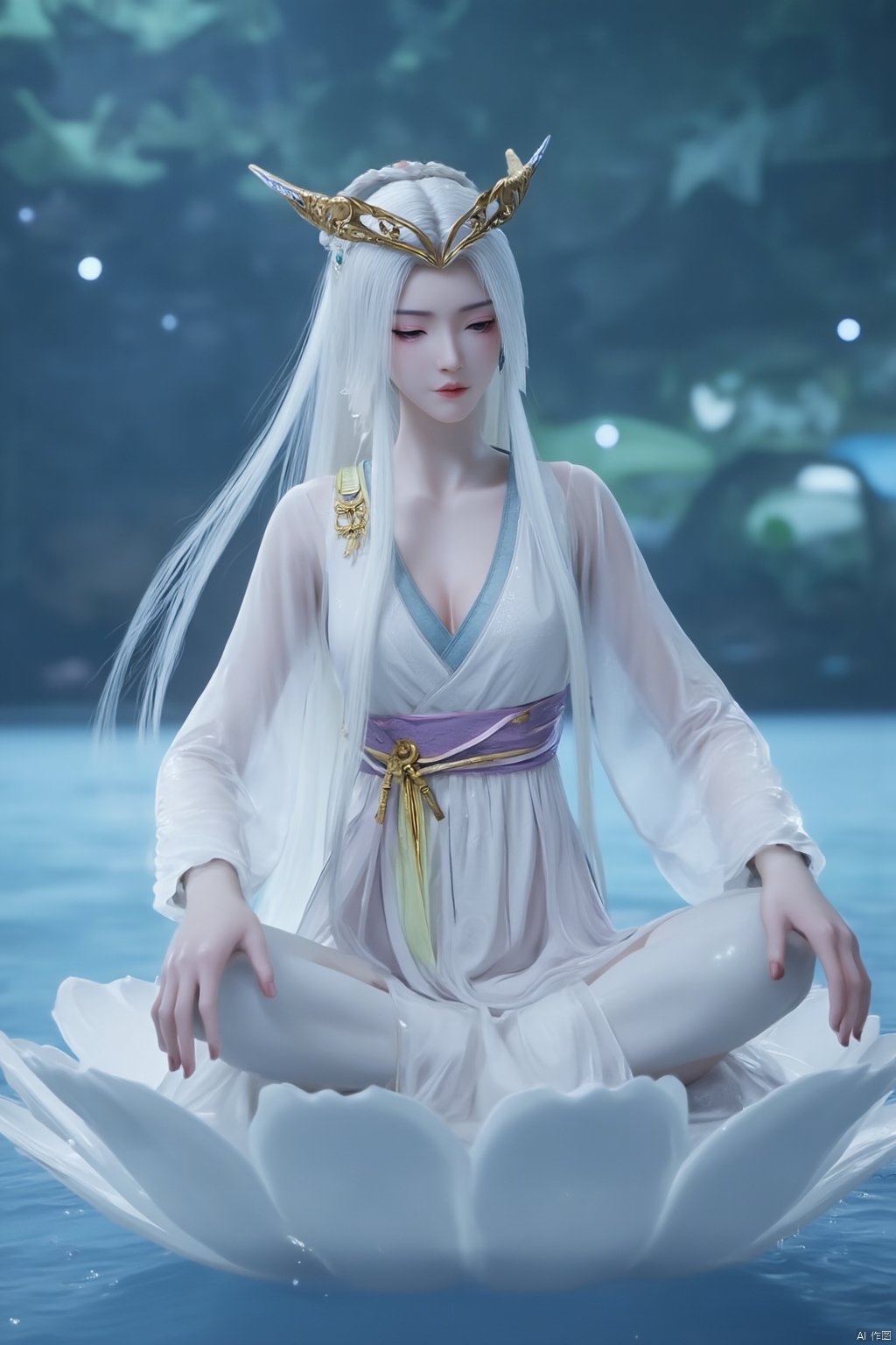 Chinese mature woman, sitting cross-legged on a white lotus throne, wearing a golden hat on her head, anime style appearance, white neon bra, white Hanfu, golden crown, eyes closed, girl, jewelry, long hair, white hair, cute, Hanfu, Dunhuang, hold out the hydrangeas with both hands, hold them tightly, look at the hug, look at the body, the cute little princess, Mrs. Dragon, wearing a pair of dragon horns on her head ((Masterpiece, best quality)),(( Well structured, well composed, luminous), translucent woman), tiny gold accents, beautiful and intricate details, ethereal light, whimsical imagining, art by Michif blue theme, off original, view ( beautiful),transparent,shiny_clothes,pink chest pleated skirt,white with yellow pimples,pink pimples,((water drops)),wet clothes,((beautiful details water)),(( Floating)), dynamic angle, ((beautiful details of the butterfly)), ((beautiful details of the stars)), ((slip dress)), particles, (beautiful details of the starry sky), (hazy fog), (beautiful Fragments) details), (((standing on the sea))), yellow belt, purple belt with white belt, light green belt,(big breasts:1.89),,(Pure blue sea:1.6),Xyuanyao