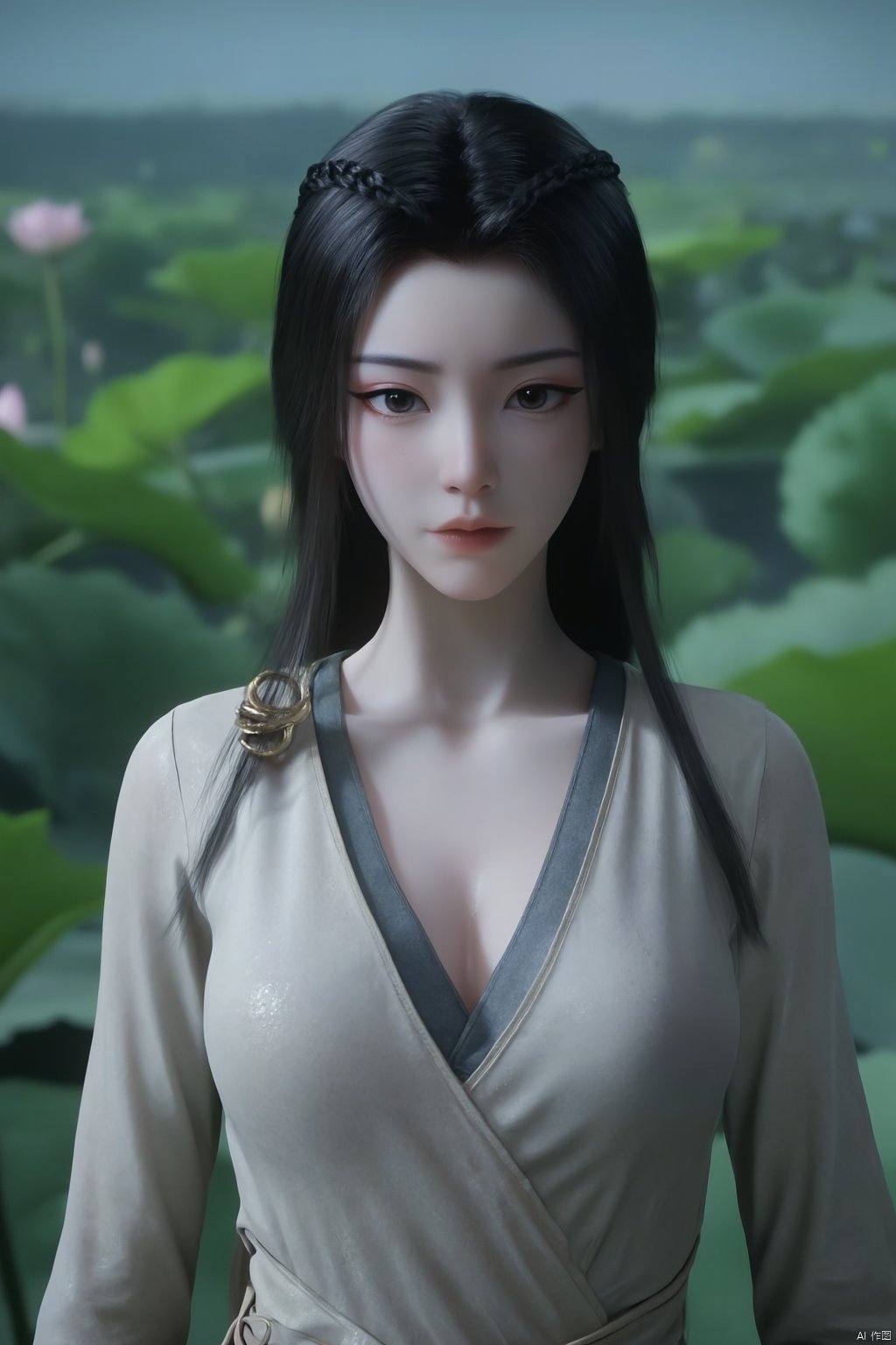 Best quality, Realistic, photorealistic, masterpiece,1girl,Xyuanyao,(big breasts:1.89),(Lotus, lotus pond:1.3),Xyuanyao