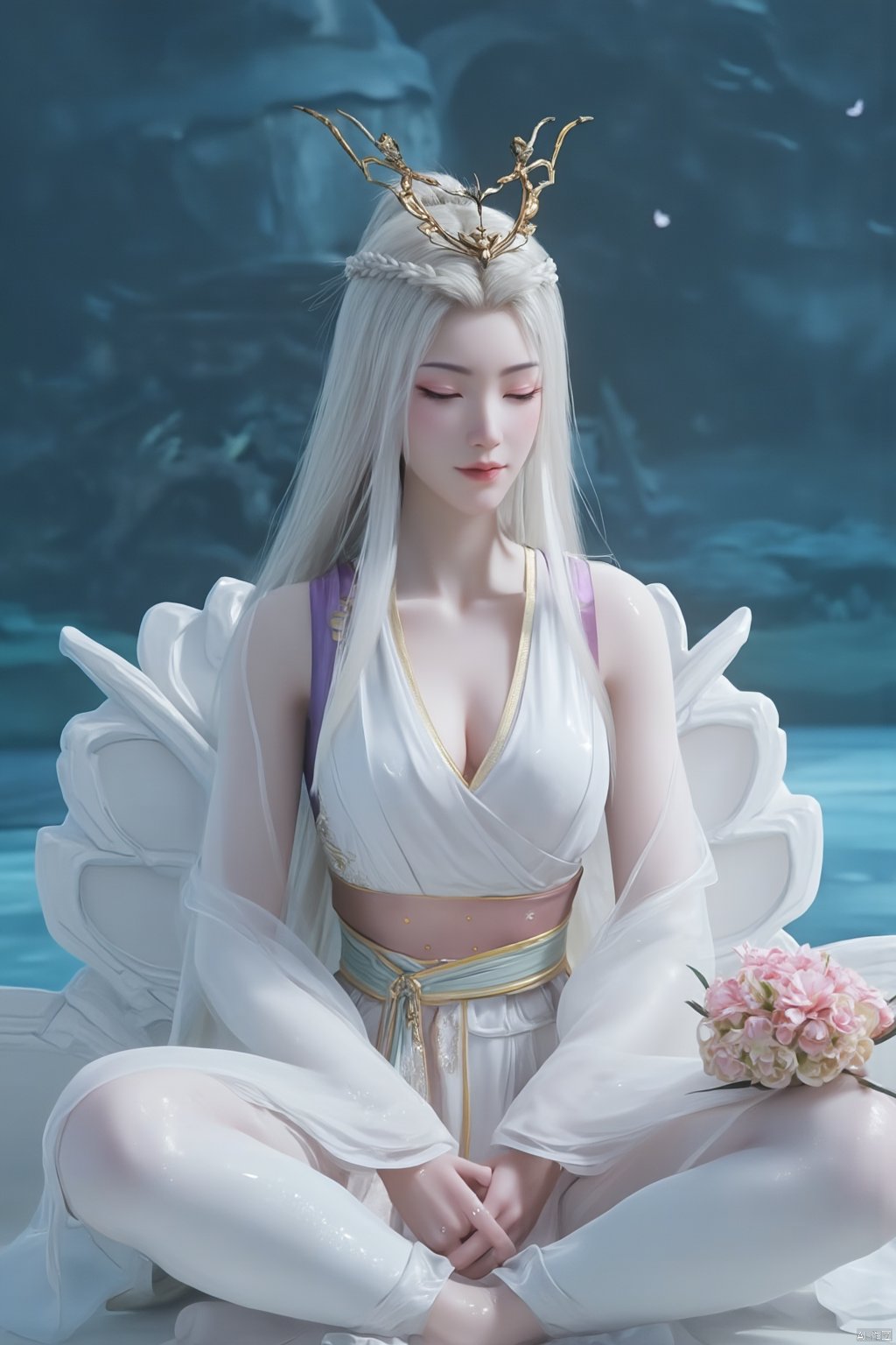 Chinese mature woman, sitting cross-legged on a white lotus throne, wearing a golden hat on her head, anime style appearance, white neon bra, white Hanfu, golden crown, eyes closed, girl, jewelry, long hair, white hair, cute, Hanfu, Dunhuang, hold out the hydrangeas with both hands, hold them tightly, look at the hug, look at the body, the cute little princess, Mrs. Dragon, wearing a pair of dragon horns on her head ((Masterpiece, best quality)),(( Well structured, well composed, luminous), translucent woman), tiny gold accents, beautiful and intricate details, ethereal light, whimsical imagining, art by Michif blue theme, off original, view ( beautiful),transparent,shiny_clothes,pink chest pleated skirt,white with yellow pimples,pink pimples,((water drops)),wet clothes,((beautiful details water)),(( Floating)), dynamic angle, ((beautiful details of the butterfly)), ((beautiful details of the stars)), ((slip dress)), particles, (beautiful details of the starry sky), (hazy fog), (beautiful Fragments) details), (((standing on the sea))), yellow belt, purple belt with white belt, light green belt,(big breasts:1.89),,(Pure blue sea:1.6),Xyuanyao