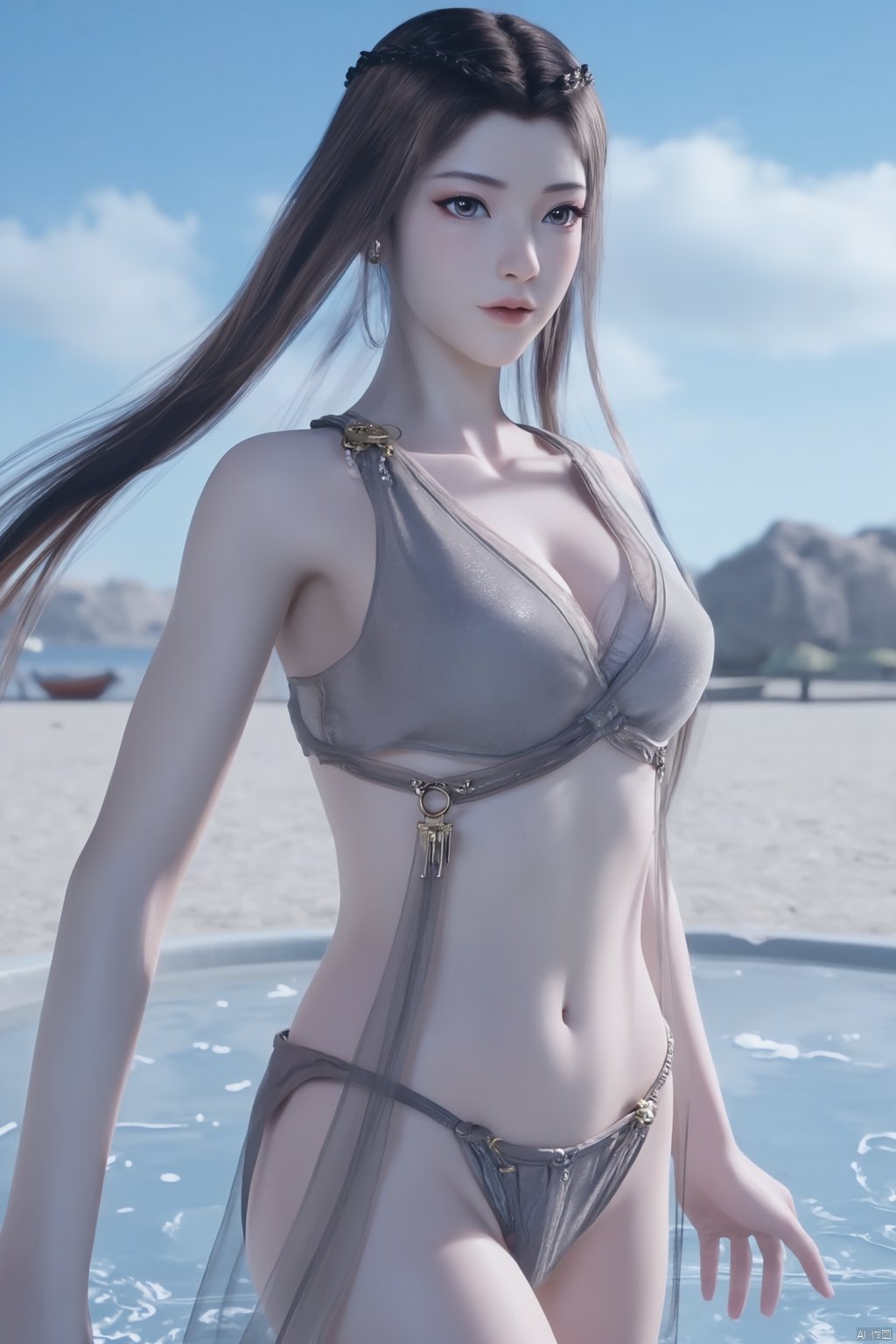 1girl, babydoll, breasts, brown hair, cleavage, collarbone, cowboy shot, earrings, hair ornament, jewelry, lingerie, lips, long hair, looking at viewer, makeup, navel, navel piercing, necklace, panties, parted lips, ribbon, see-through, solo, standing, underwear, very long hair,beach, blue sky, boat, caustics, cloud, cloudy sky, pool, poolside, river, sand, scenery, seagull, shore, sky, soaking feet, standing on liquid, wading, walking on liquid, water, watercraft, waves,(Pure blue sea:1.6),Xyuanyao