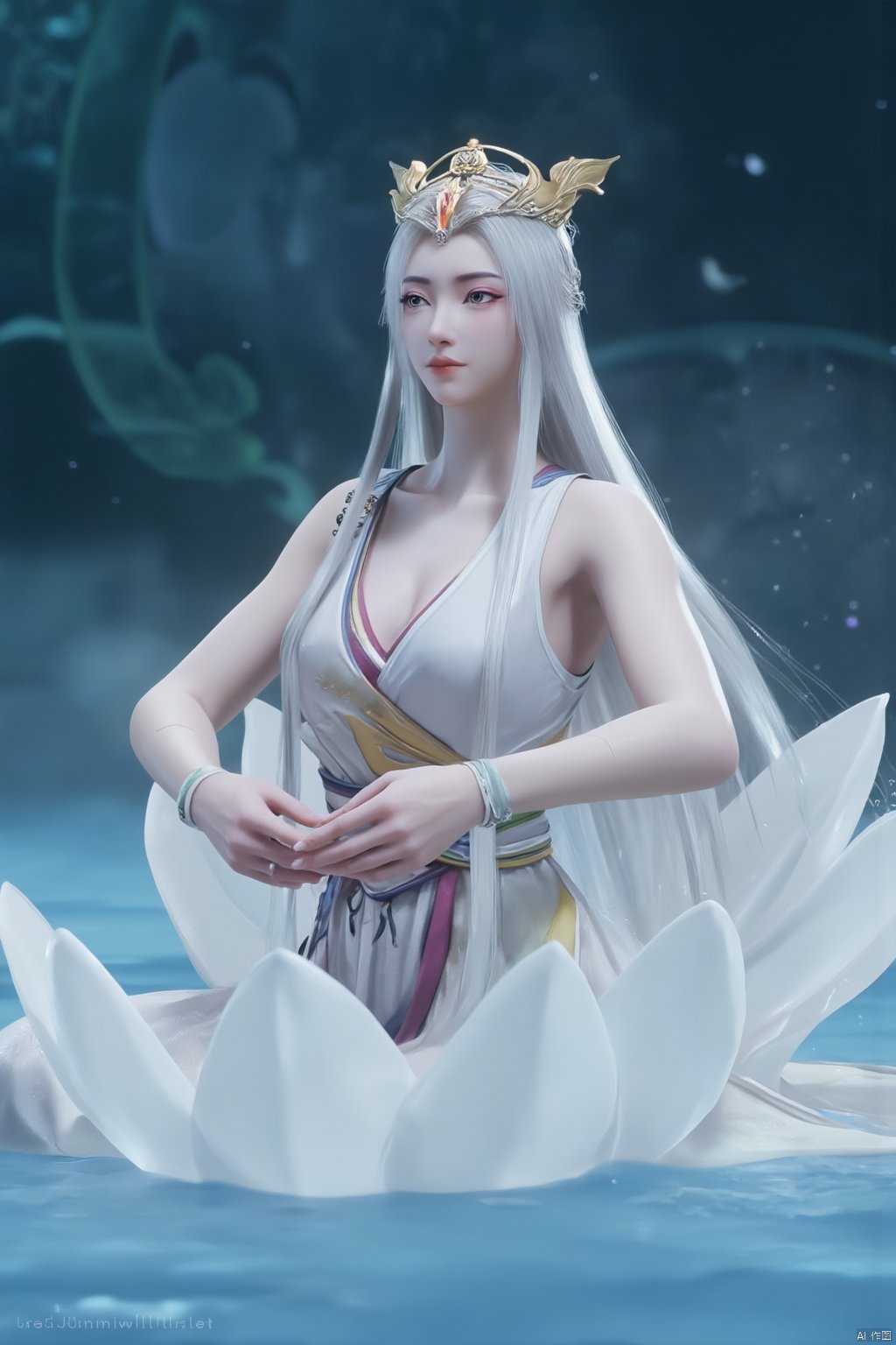 Chinese mature woman, sitting cross-legged on a white lotus throne, wearing a golden hat on her head, anime style appearance, white neon bra, white Hanfu, golden crown, eyes closed, girl, jewelry, long hair, white hair, cute, Hanfu, Dunhuang, hold out the hydrangeas with both hands, hold them tightly, look at the hug, look at the body, the cute little princess, Mrs. Dragon, wearing a pair of dragon horns on her head ((Masterpiece, best quality)),(( Well structured, well composed, luminous), translucent woman), tiny gold accents, beautiful and intricate details, ethereal light, whimsical imagining, art by Michif blue theme, off original, view ( beautiful),transparent,shiny_clothes,pink chest pleated skirt,white with yellow pimples,pink pimples,((water drops)),wet clothes,((beautiful details water)),(( Floating)), dynamic angle, ((beautiful details of the butterfly)), ((beautiful details of the stars)), ((slip dress)), particles, (beautiful details of the starry sky), (hazy fog), (beautiful Fragments) details), (((standing on the sea))), yellow belt, purple belt with white belt, light green belt,(big breasts:1.89),,(Pure blue sea:1.6),Xyuanyao