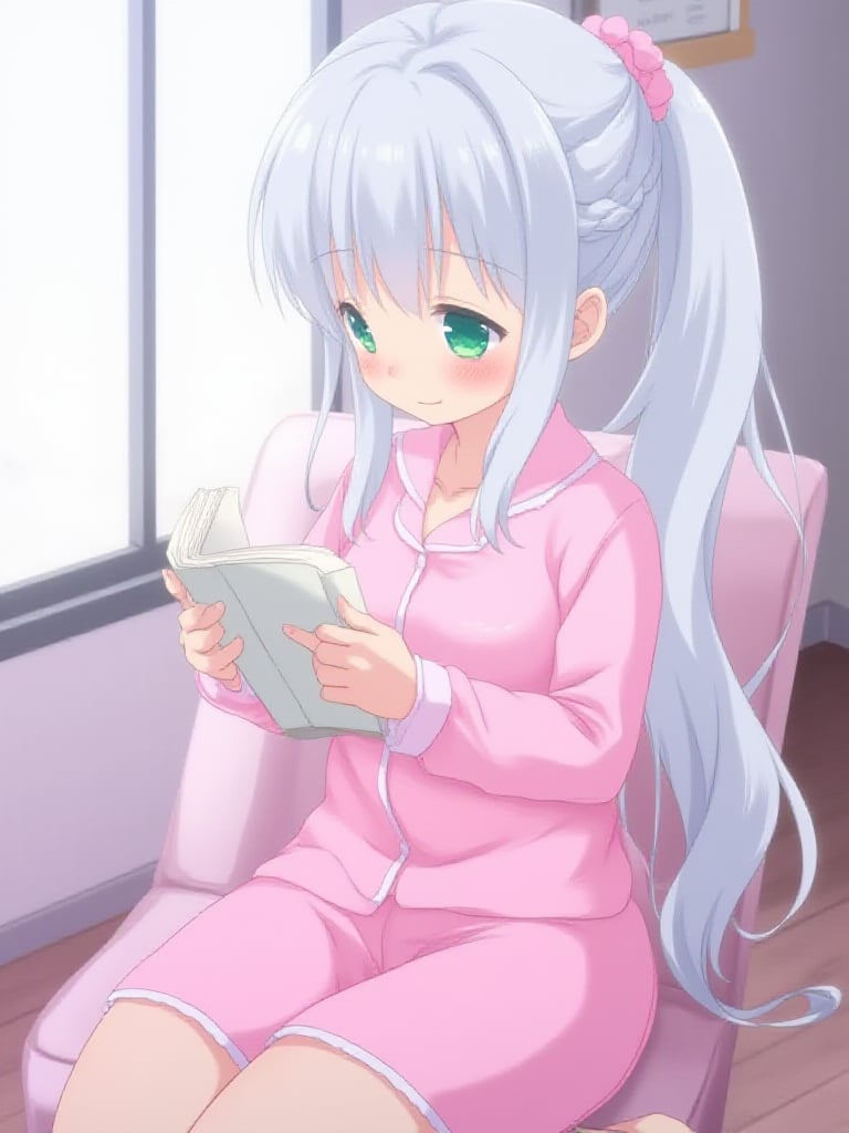 an beautiful anime-styled illustration of 1girl, solo, cielalanciel, silver hair, ponytail, braids, pink scrunchie, green eyes, she's wearing pink pajamas and is sitting on a chair near an open window inside her bedroom, she's holding and open book which she is happily reading