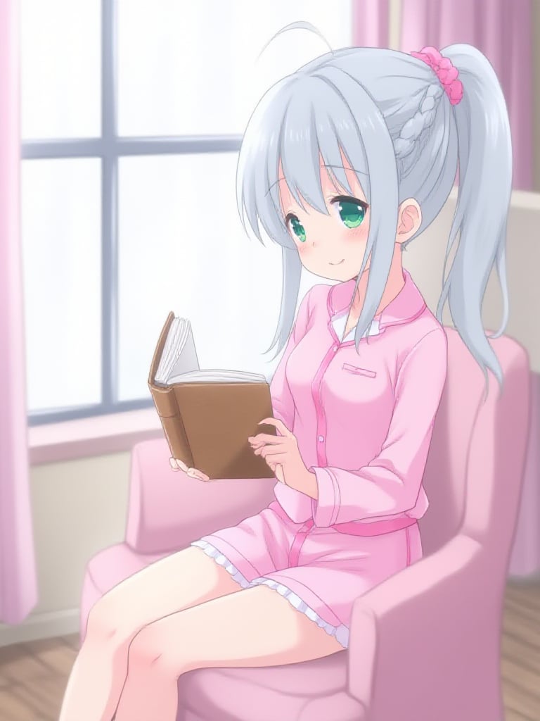 an beautiful anime-styled illustration of 1girl, solo, cielalanciel, silver hair, ponytail, braids, pink scrunchie, green eyes, she's wearing pink pajamas and is sitting on a chair near an open window inside her bedroom, she's holding and open book which she is happily reading