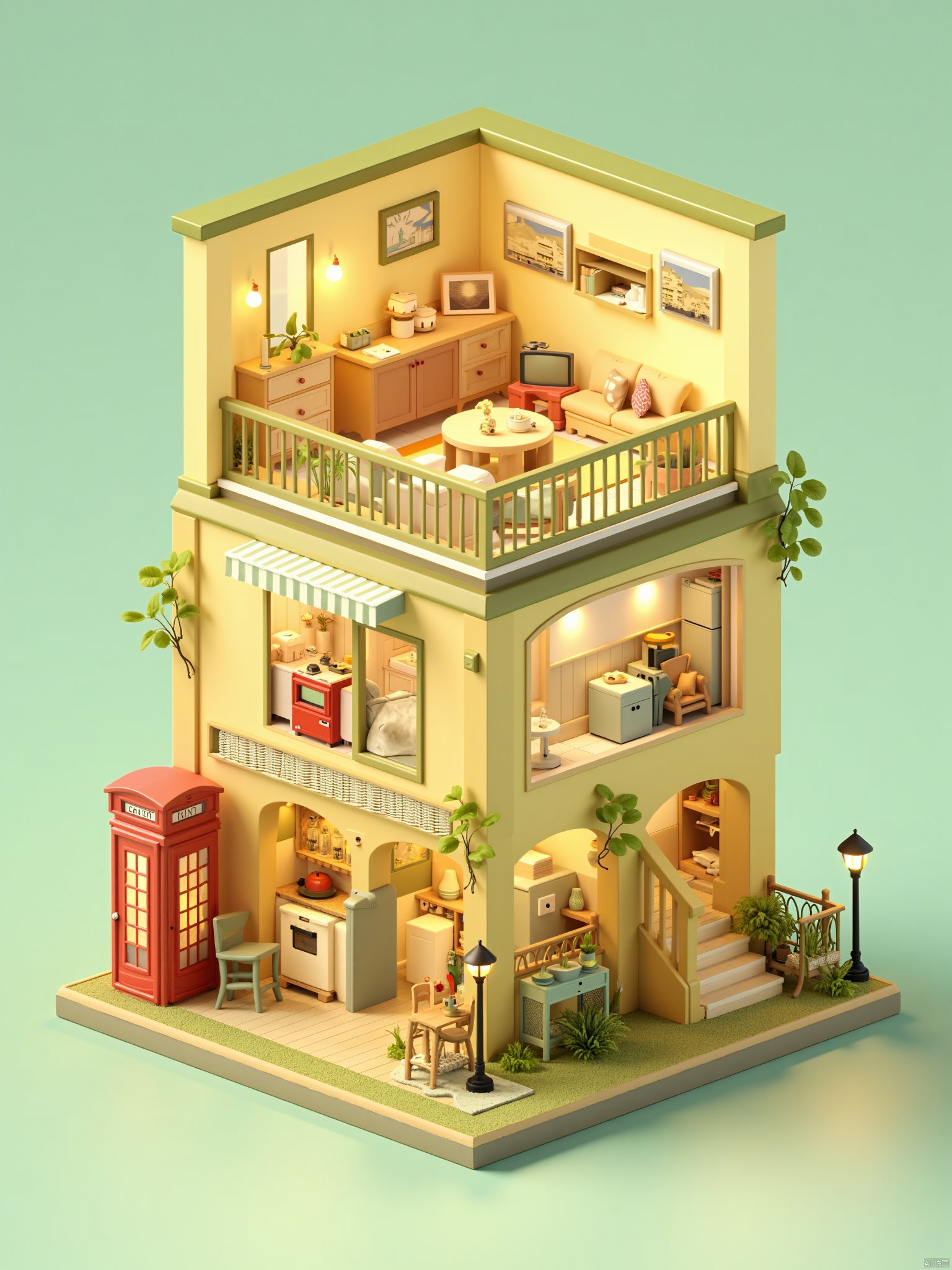 OBdengzhou,This is a digital illustration of a whimsical, miniature, two-story apartment building, rendered in a detailed, stylized CGI art style. The building is a warm, pastel yellow with green accents, and it is set against a soft, mint green background. The ground floor features a cozy living room with a beige sofa, a small table, and a TV. There is a staircase to the right leading to the upper floor, adorned with a green railing and a hanging plant. The upper floor is accessed via a balcony with a green railing, which has a small table and two chairs. Inside, the room is furnished with a wooden desk, a bookshelf, and a potted plant. The room has a warm, inviting atmosphere with soft lighting. The left side of the building houses a small kitchen with a red oven, a sink, and a counter with a few dishes. Adjacent to the kitchen is a bathroom with a green toilet and a sink. The exterior of the building features a red telephone booth, a small garden with plants, and a black street lamp. The overall style is charming and nostalgic, reminiscent of a cozy, vintage apartment.